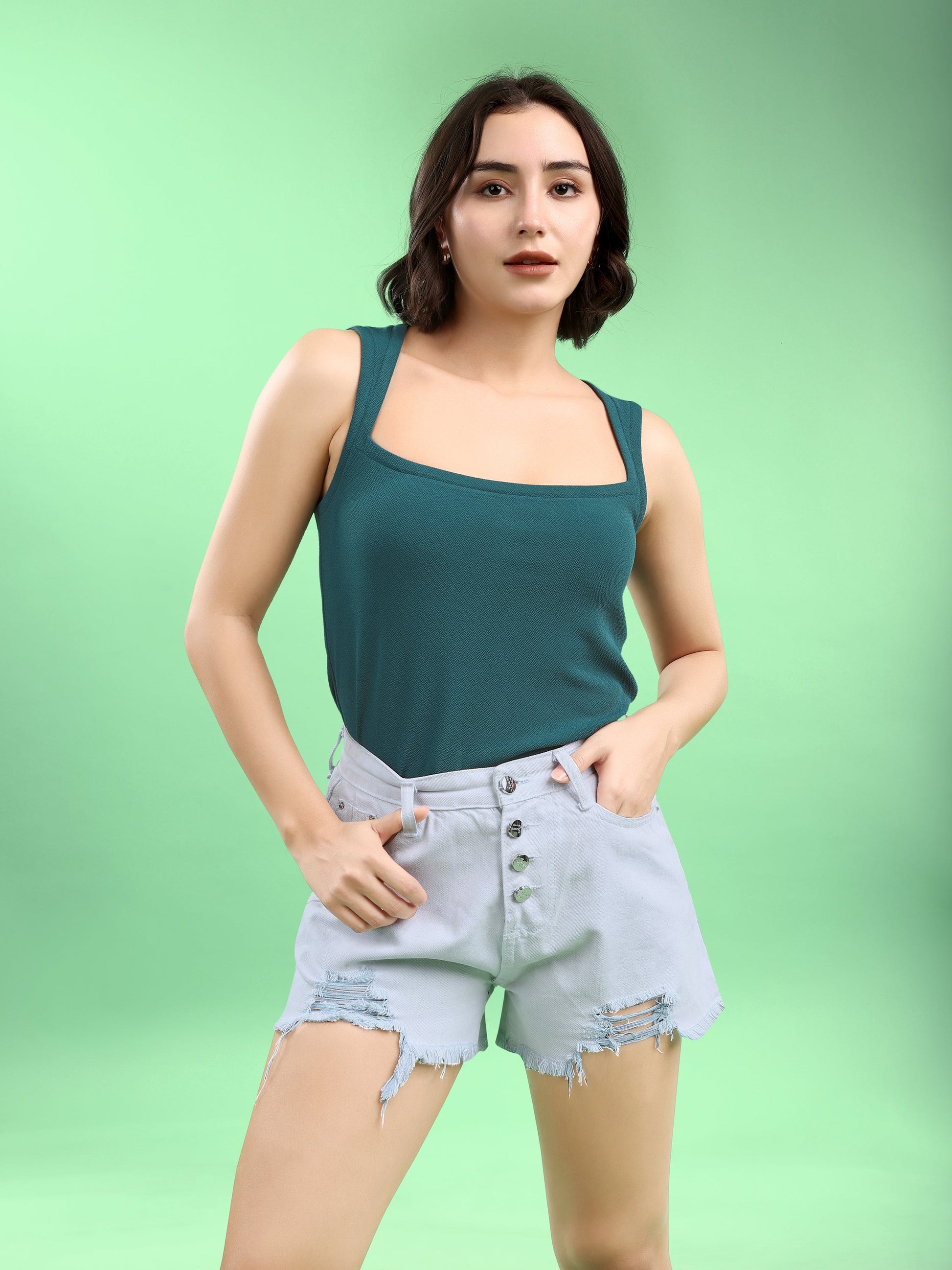 Women Crop Top Sleeveless Queen Anne Straight Solid Top