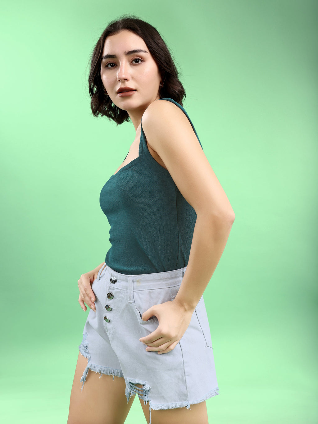 Women Crop Top Sleeveless Queen Anne Straight Solid Top