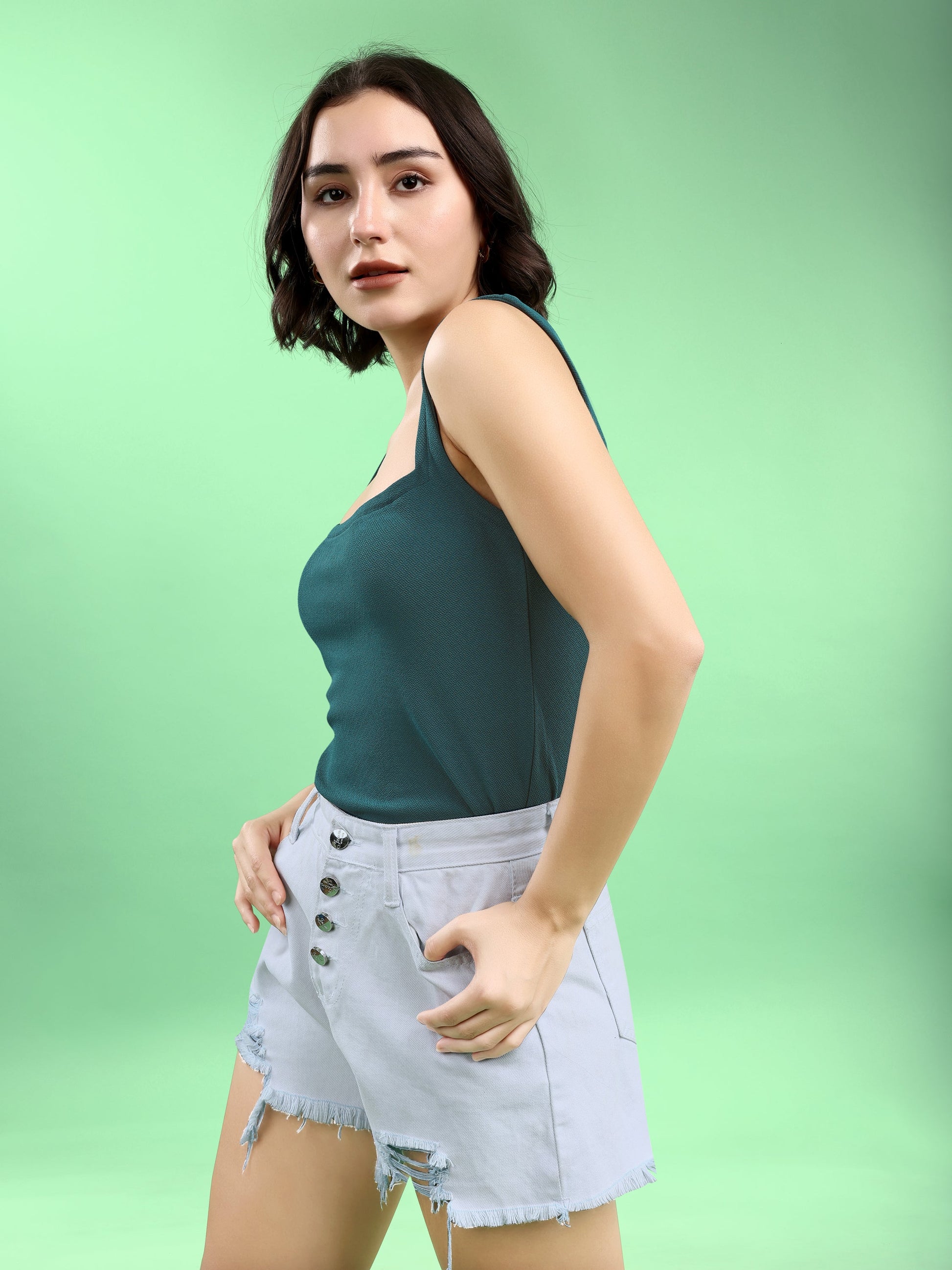 Women Crop Top Sleeveless Queen Anne Straight Solid Top