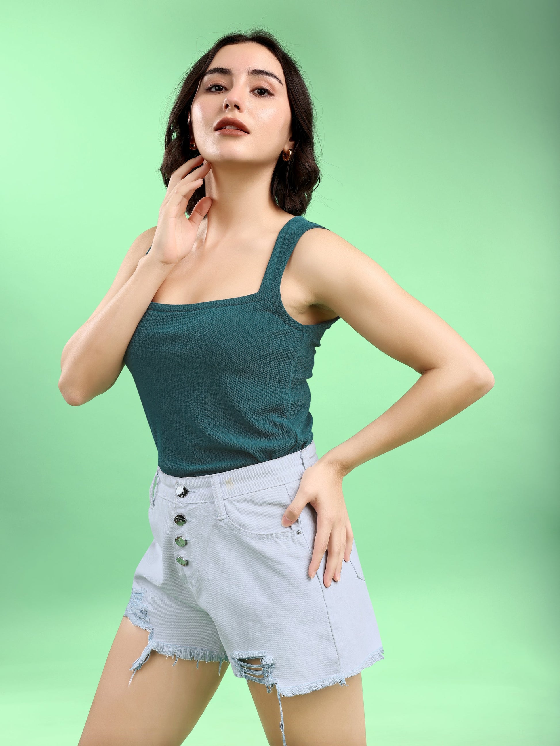 Women Crop Top Sleeveless Queen Anne Straight Solid Top