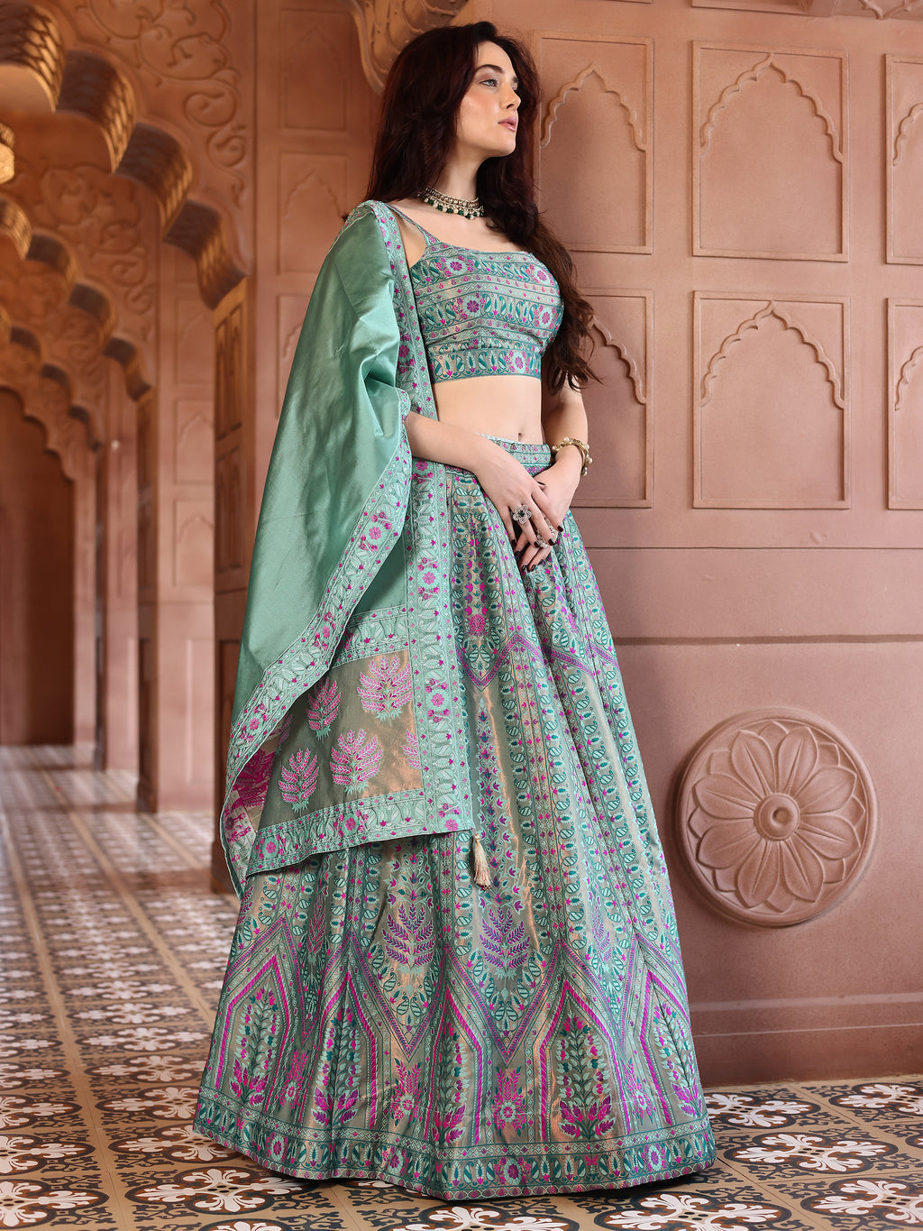 Kanjivaram Lehenga Choli See Green Woven Motifs