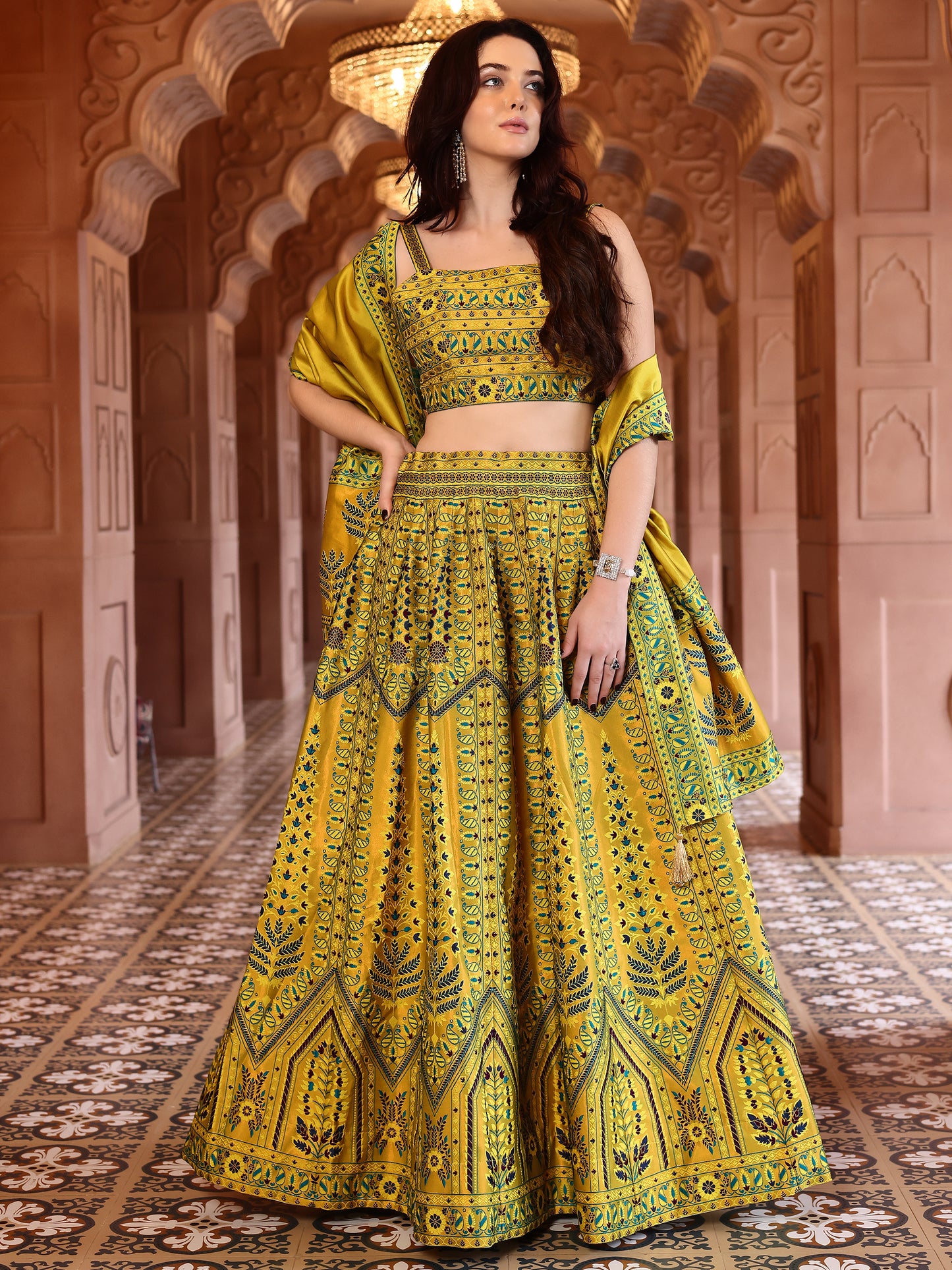 Kanjivaram Lehenga Choli Lime Woven Motifs