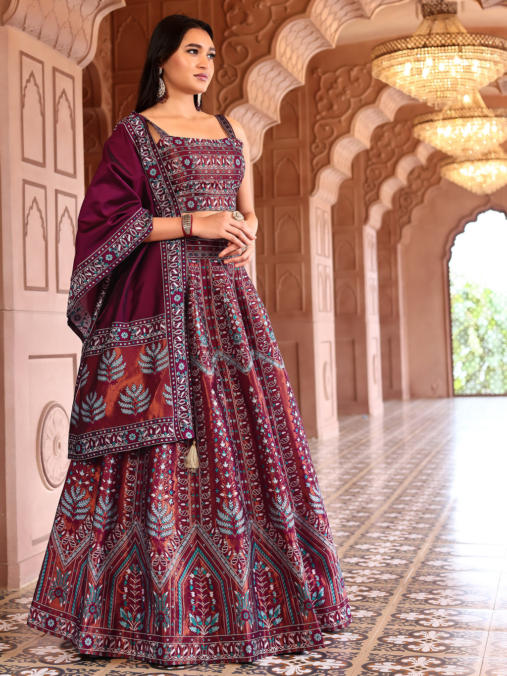 Kanjivaram Lehenga Choli Maroon Woven Motifs