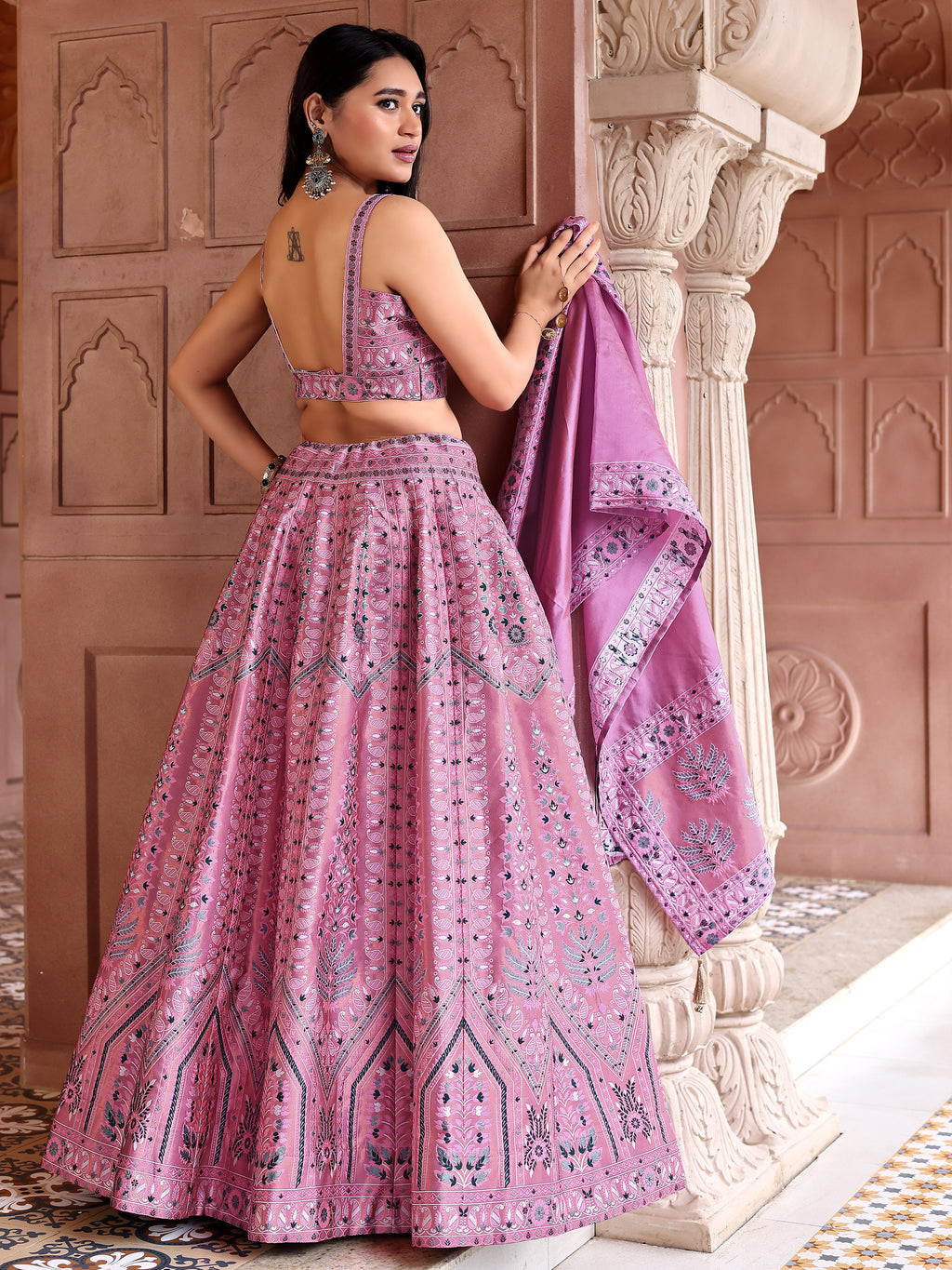 Kanjivaram Lehenga Choli Pink Woven Motifs