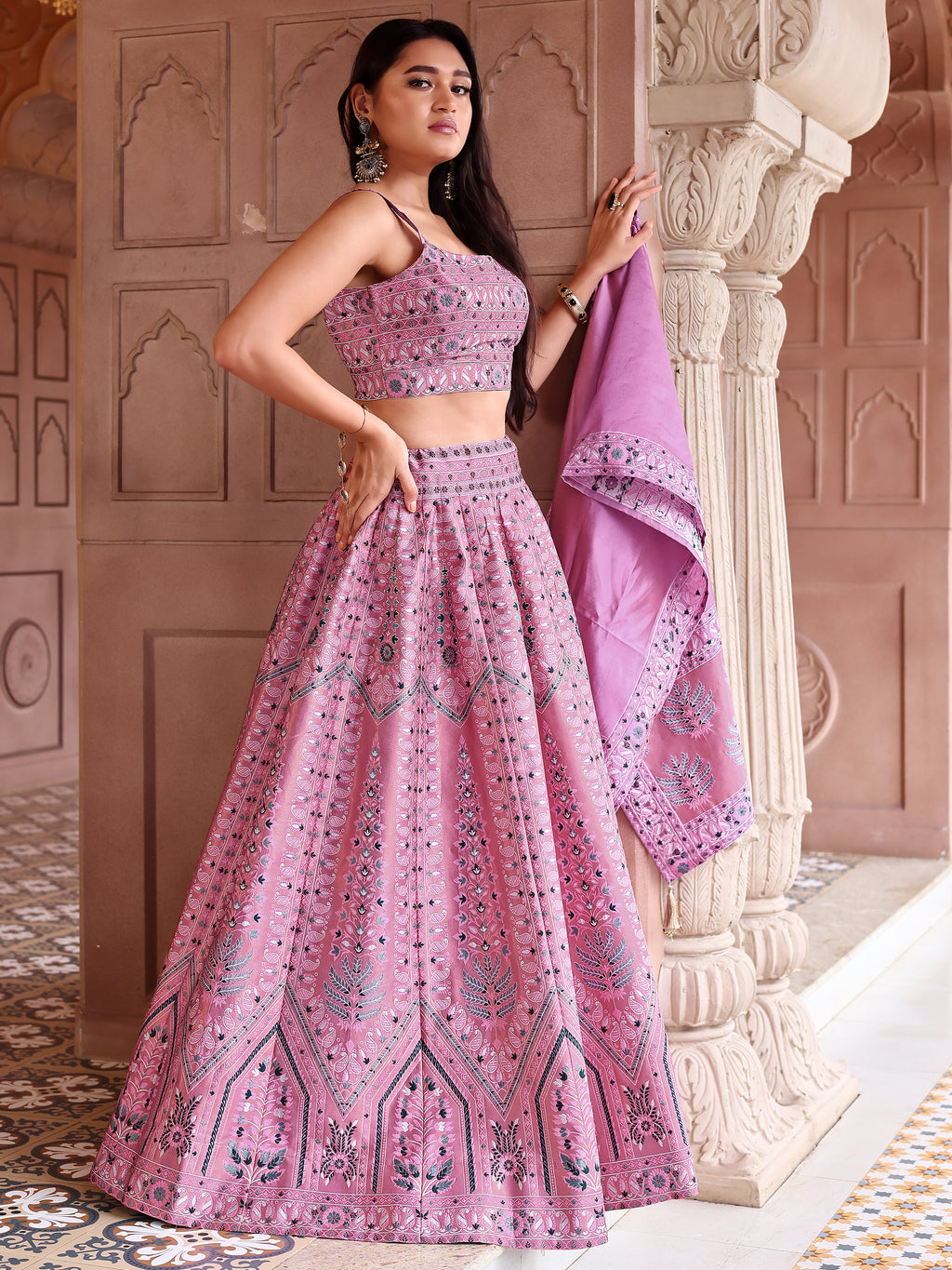 Kanjivaram Lehenga Choli Pink Woven Motifs