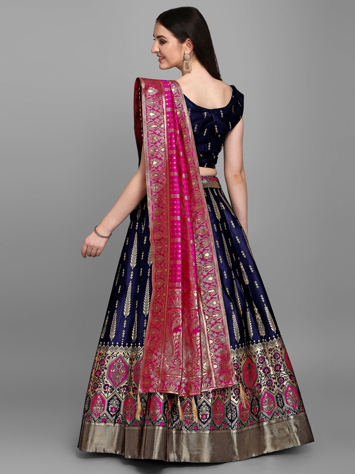 Women Jacquard Dark Blue Semi-Stitched Lehenga Choli