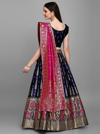 Women Jacquard Dark Blue Semi-Stitched Lehenga Choli