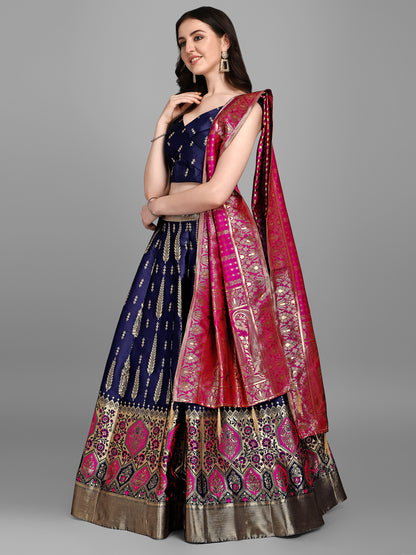 Women Jacquard Dark Blue Semi-Stitched Lehenga Choli