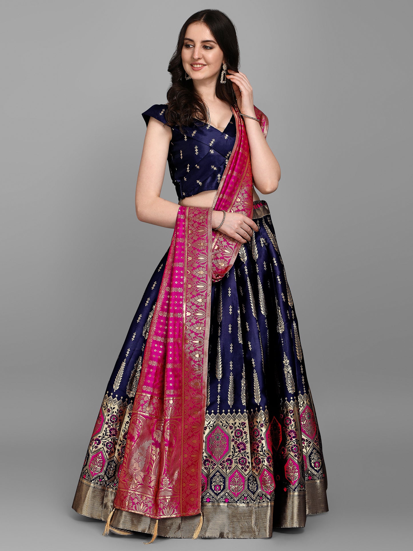 Women Jacquard Dark Blue Semi-Stitched Lehenga Choli