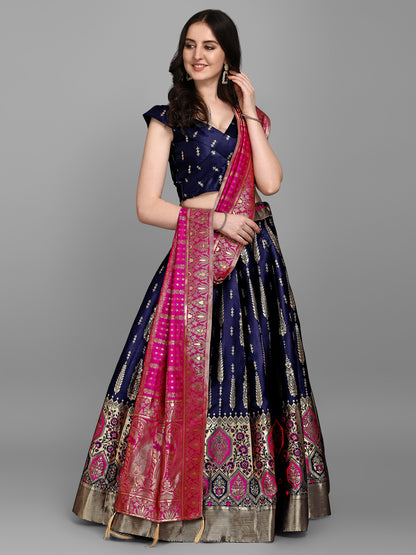 Women Jacquard Dark Blue Semi-Stitched Lehenga Choli