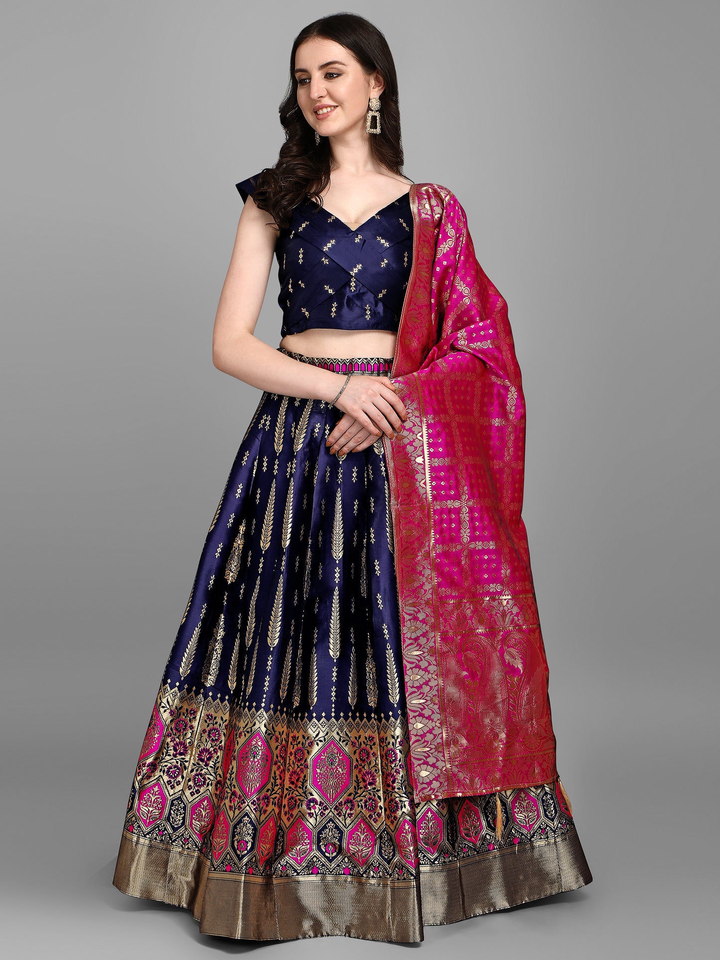 Women Jacquard Dark Blue Semi-Stitched Lehenga Choli