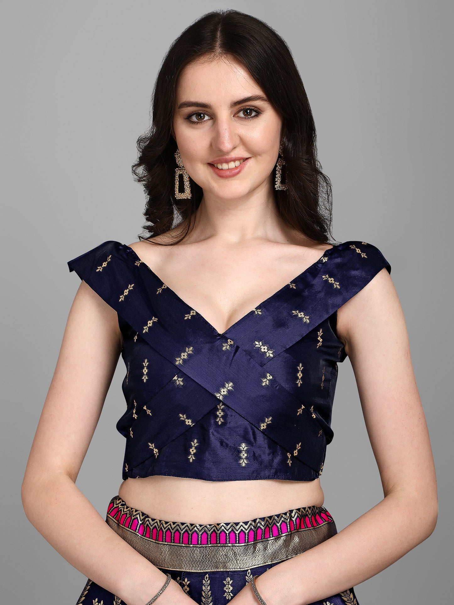 Women Jacquard Dark Blue Semi-Stitched Lehenga Choli