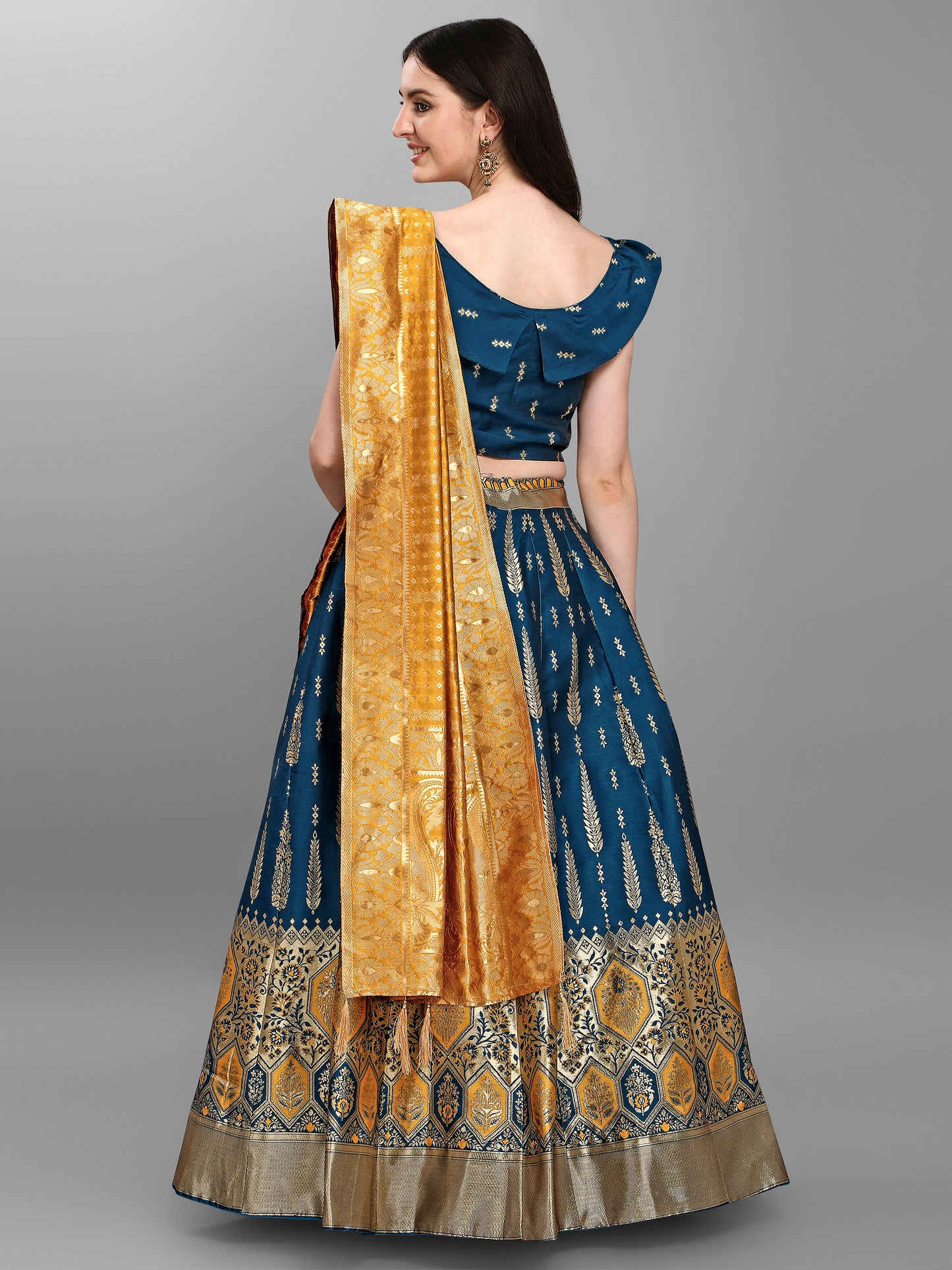 Women Jacquard Rama Semi-Stitched Lehenga Choli