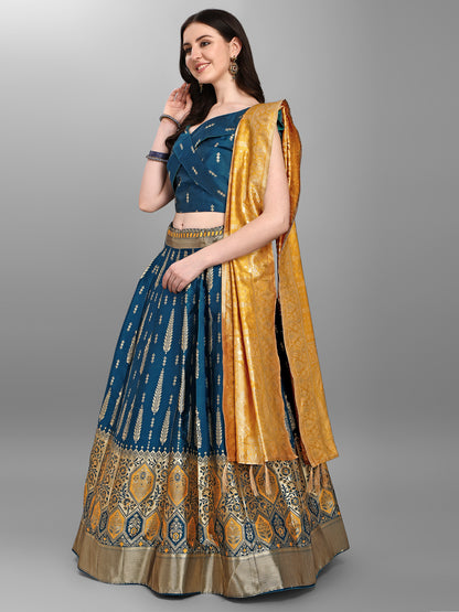 Women Jacquard Rama Semi-Stitched Lehenga Choli