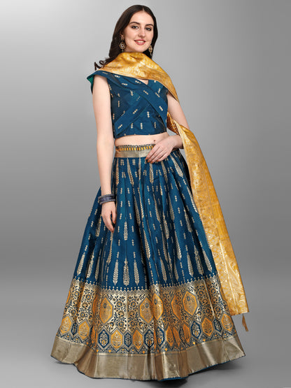 Women Jacquard Rama Semi-Stitched Lehenga Choli