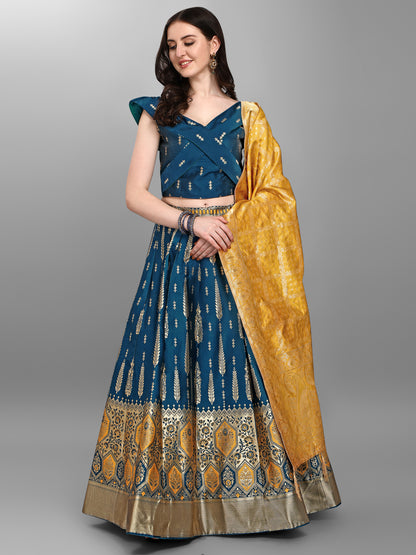 Women Jacquard Rama Semi-Stitched Lehenga Choli