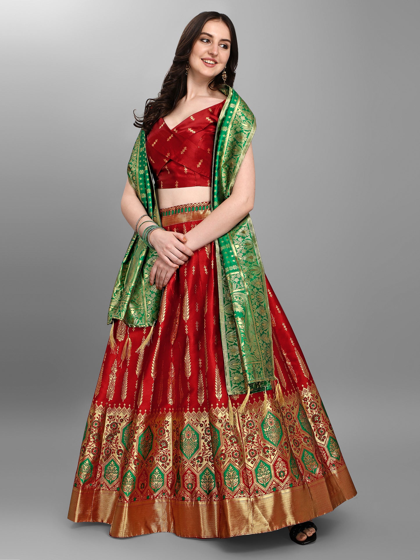 Women Jacquard Red Semi-Stitched Lehenga Choli