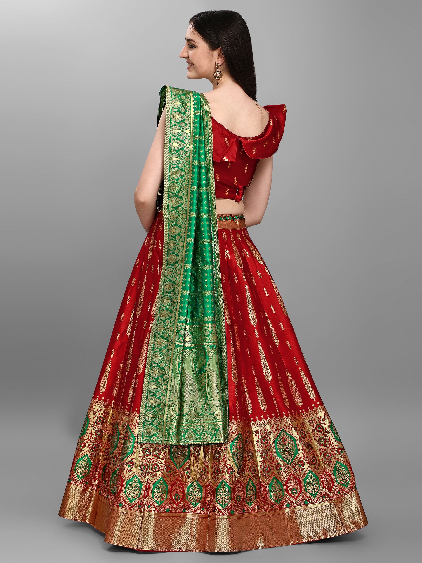 Women Jacquard Red Semi-Stitched Lehenga Choli