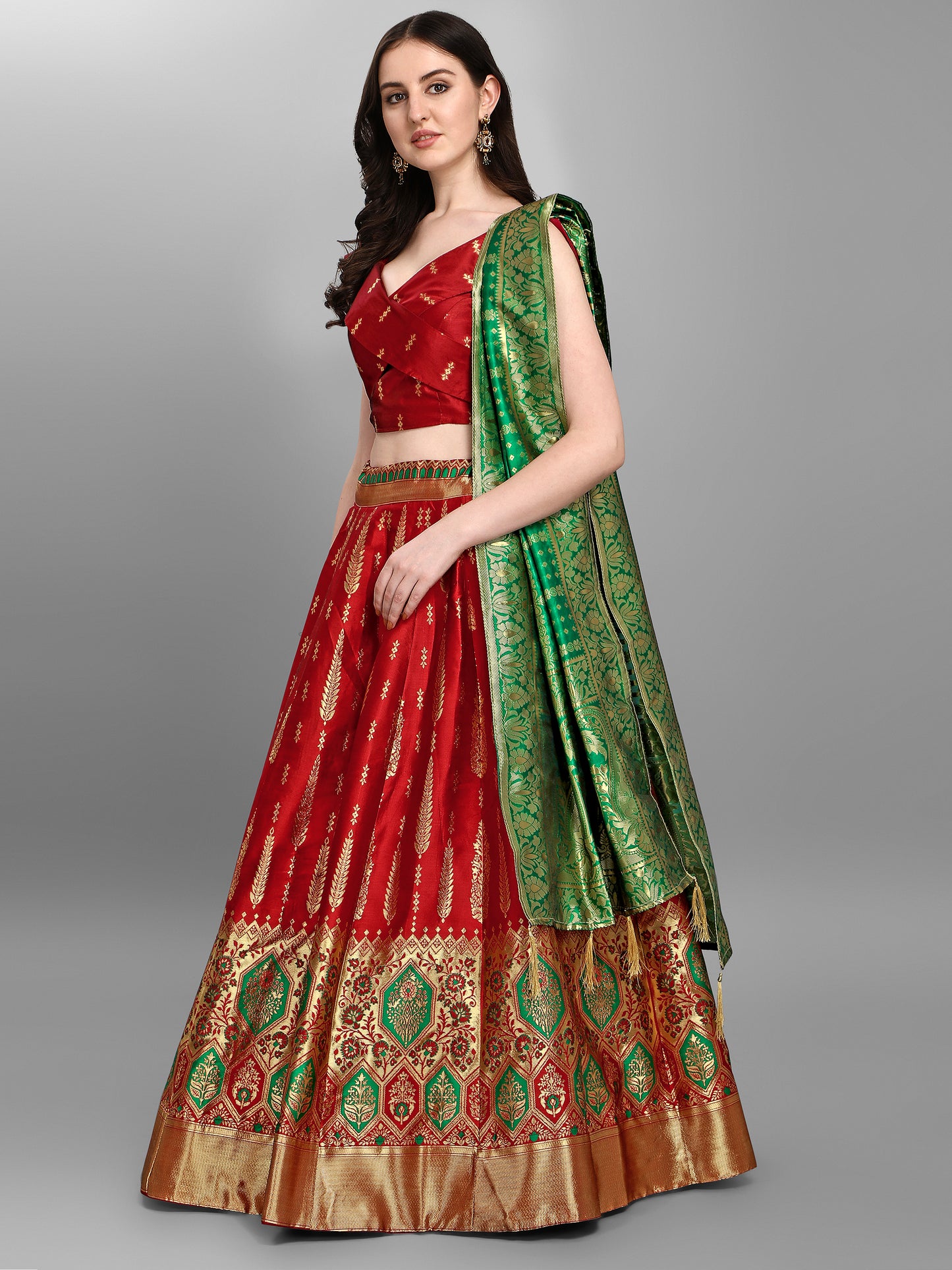 Women Jacquard Red Semi-Stitched Lehenga Choli