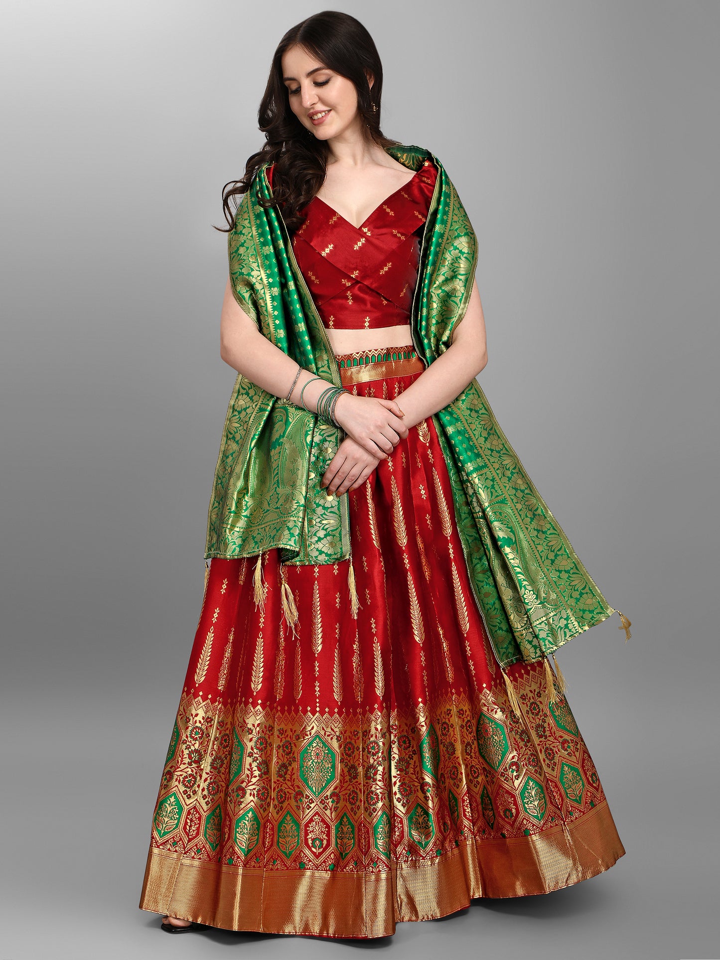 Women Jacquard Red Semi-Stitched Lehenga Choli