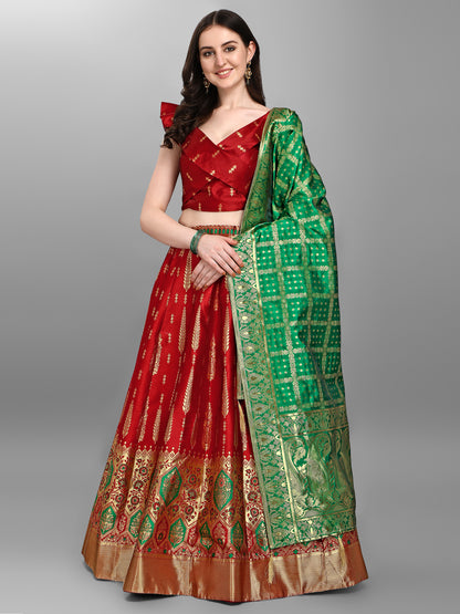 Women Jacquard Red Semi-Stitched Lehenga Choli