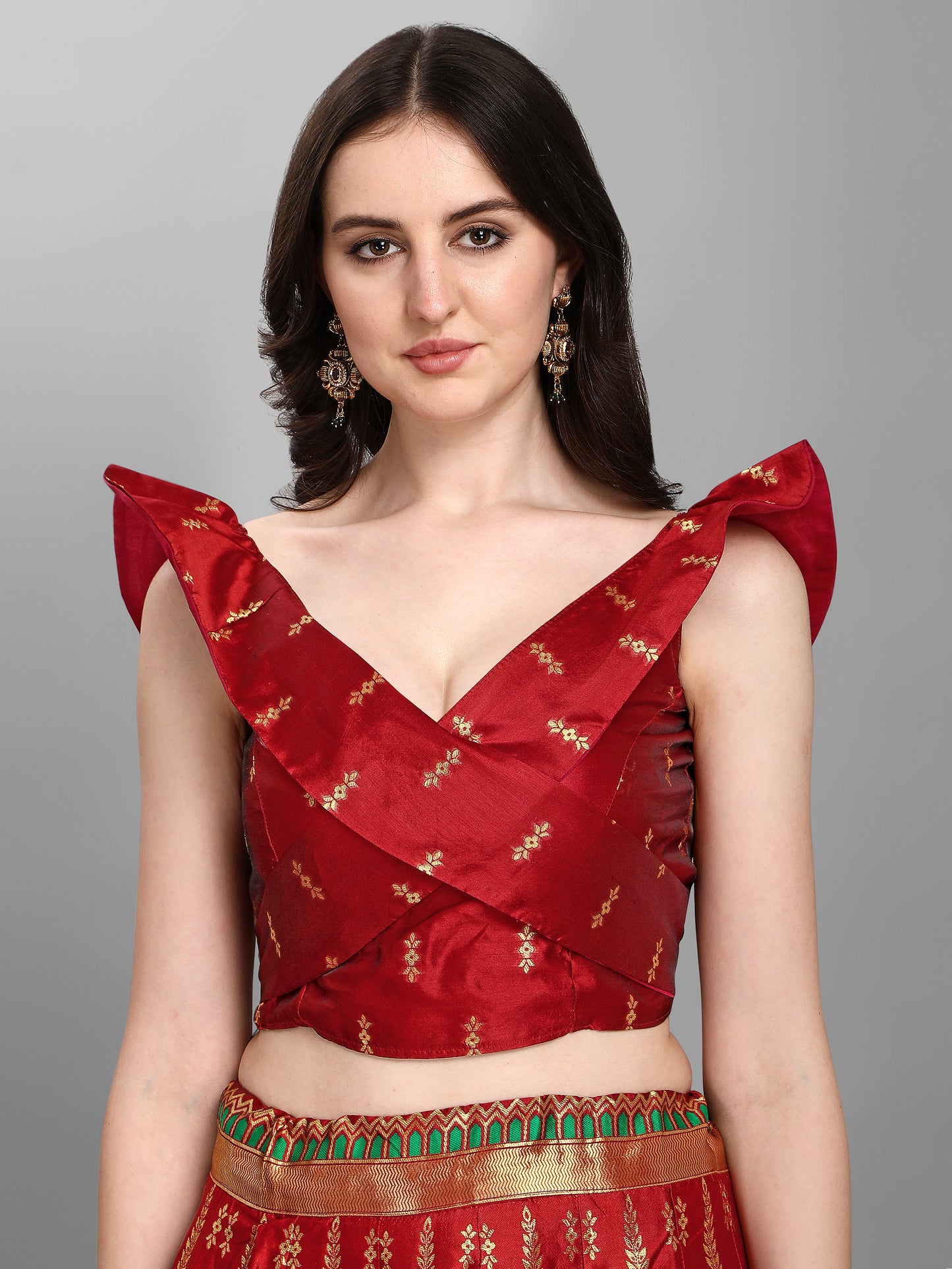 Women Jacquard Red Semi-Stitched Lehenga Choli