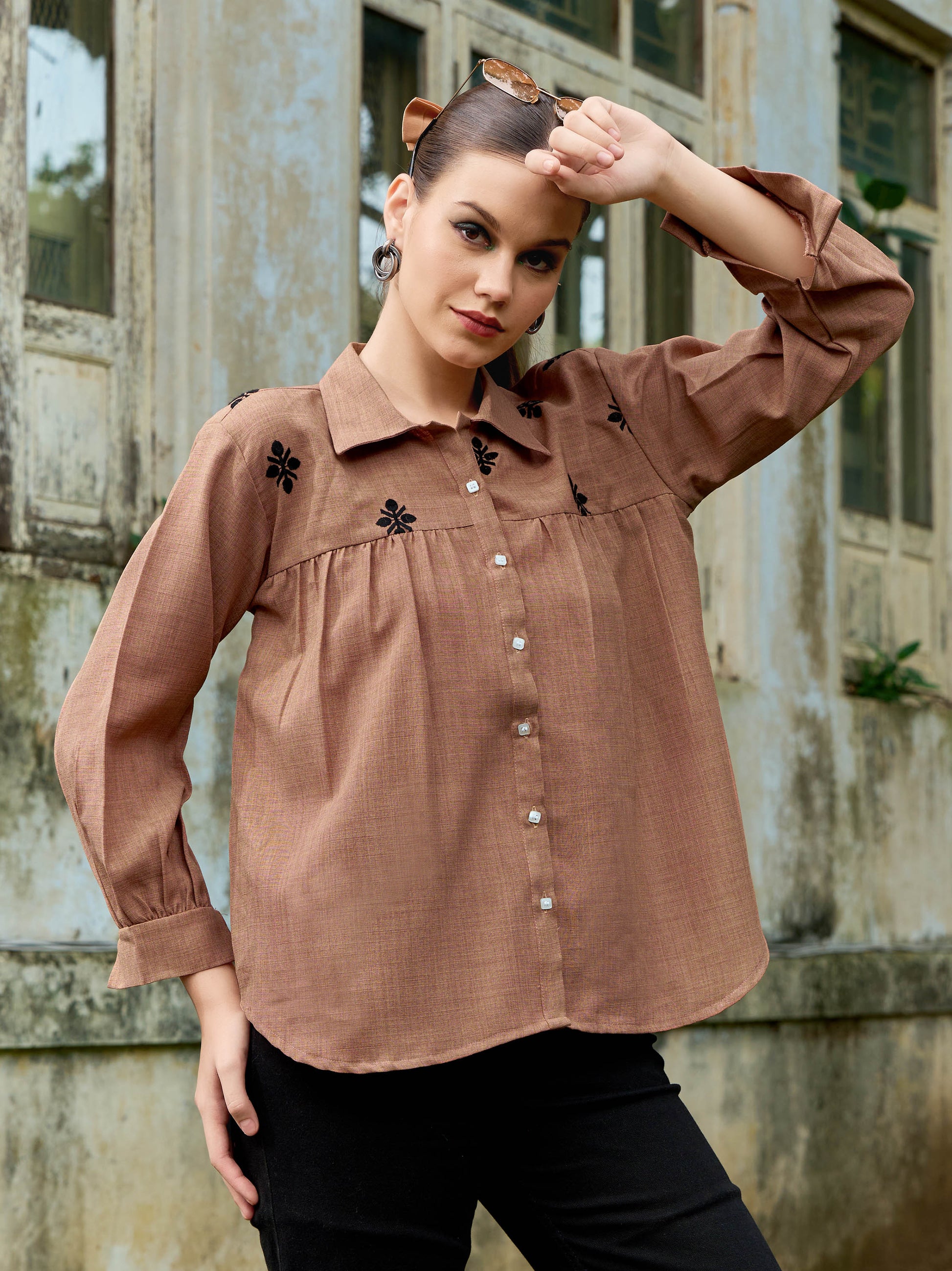 Women Shirt Style Puff Sleeve Shirt Collar Gathers Round Top