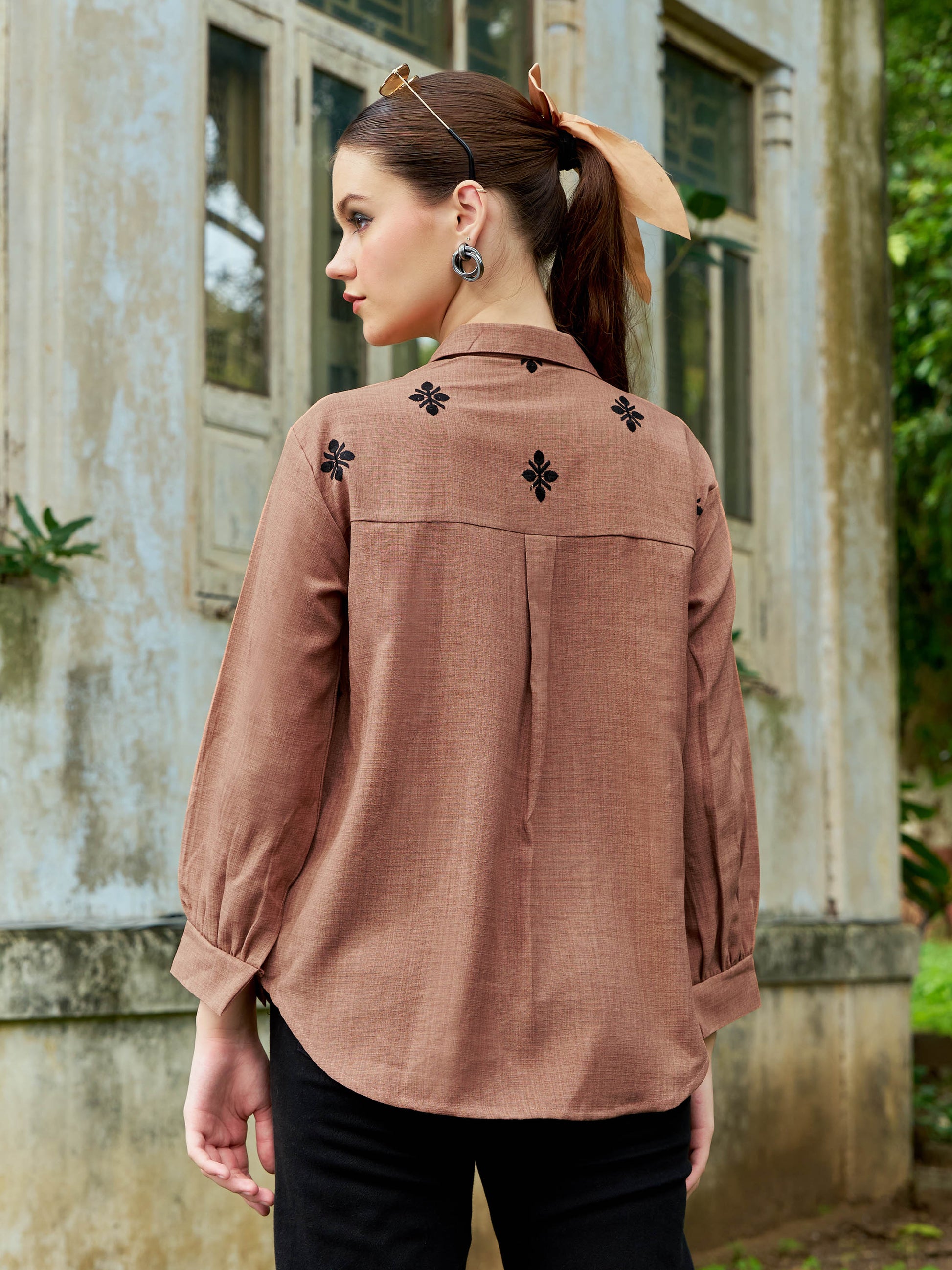 Women Shirt Style Puff Sleeve Shirt Collar Gathers Round Top