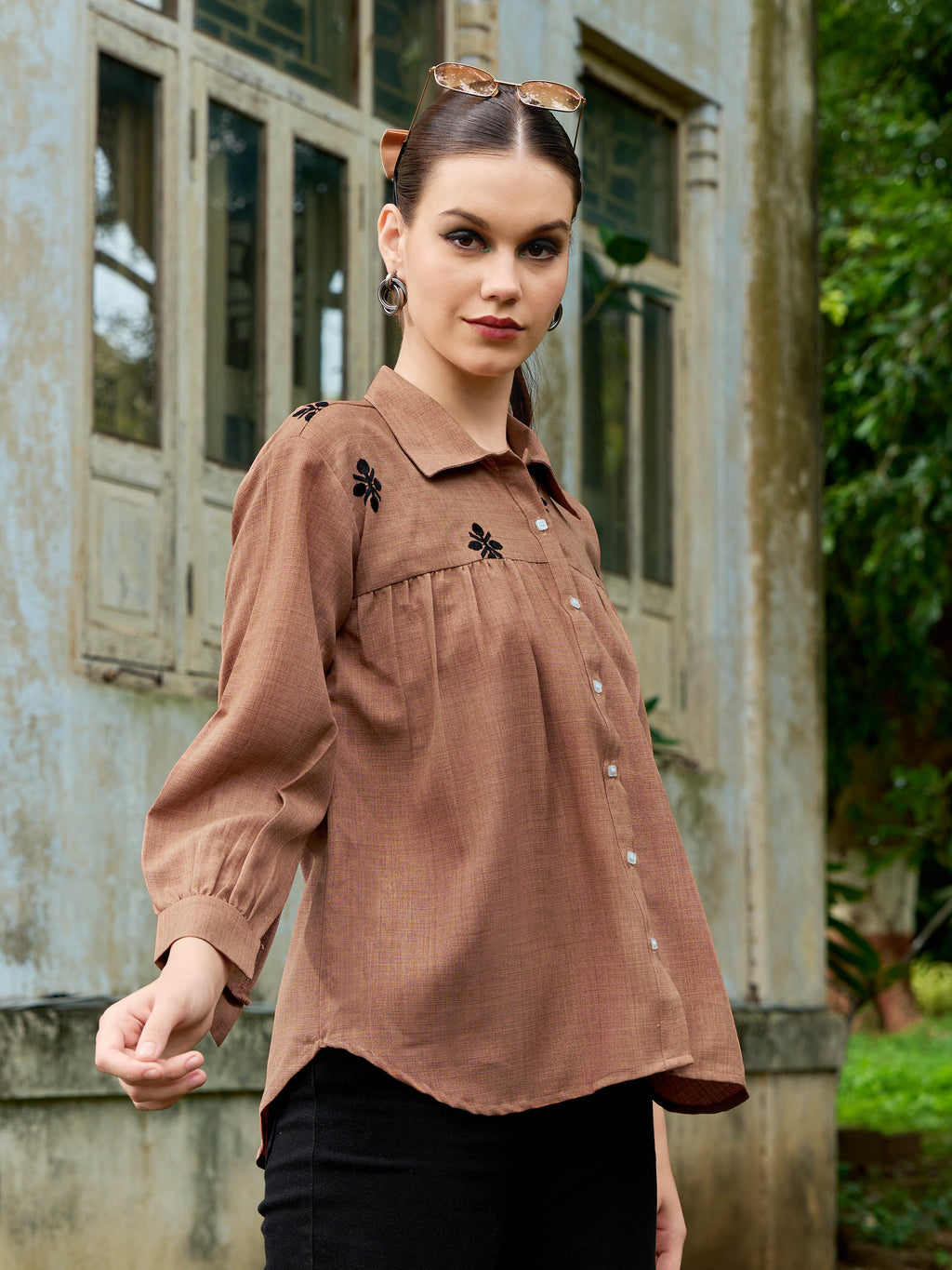 Women Shirt Style Puff Sleeve Shirt Collar Gathers Round Top