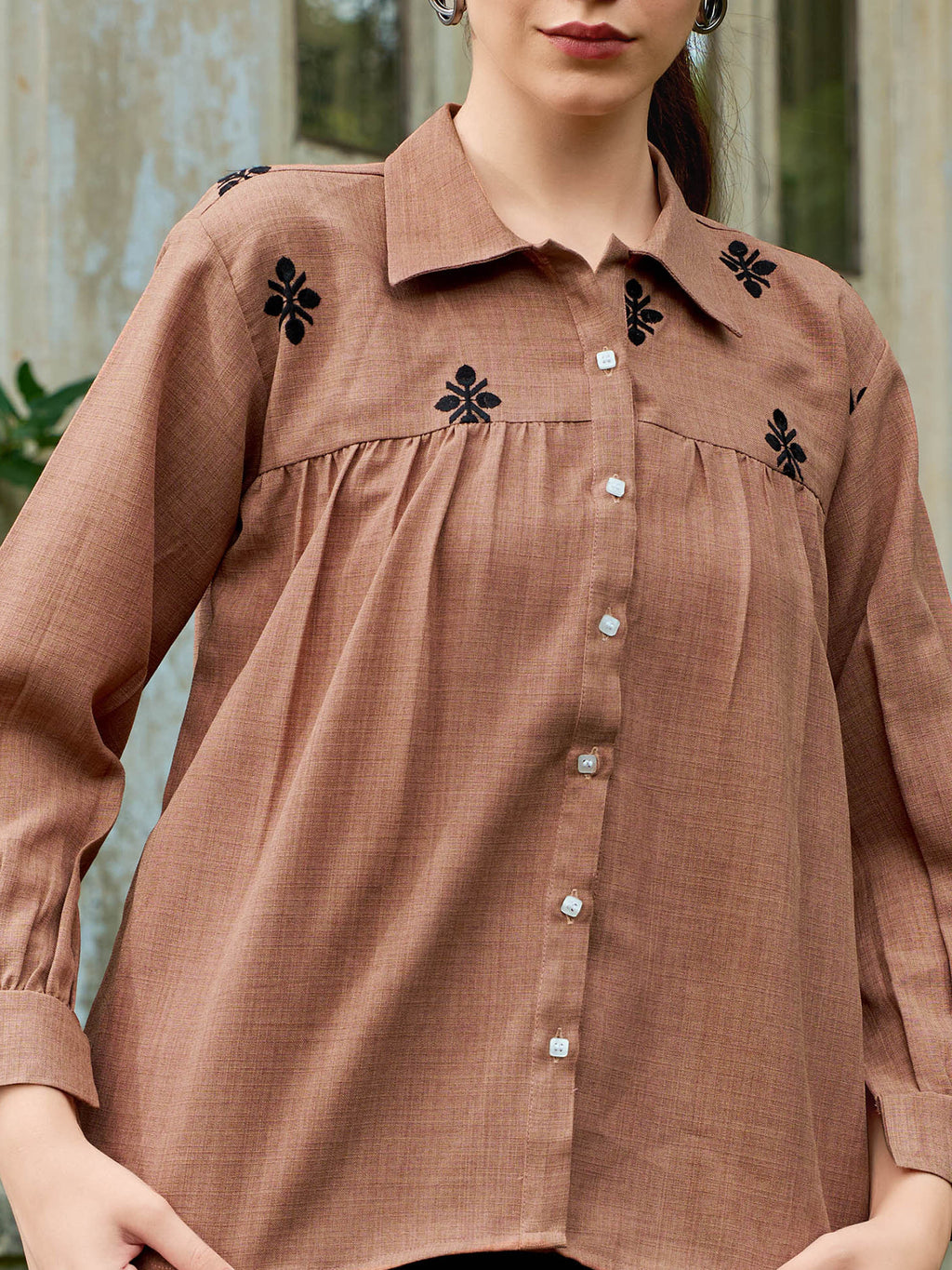 Women Shirt Style Puff Sleeve Shirt Collar Gathers Round Top