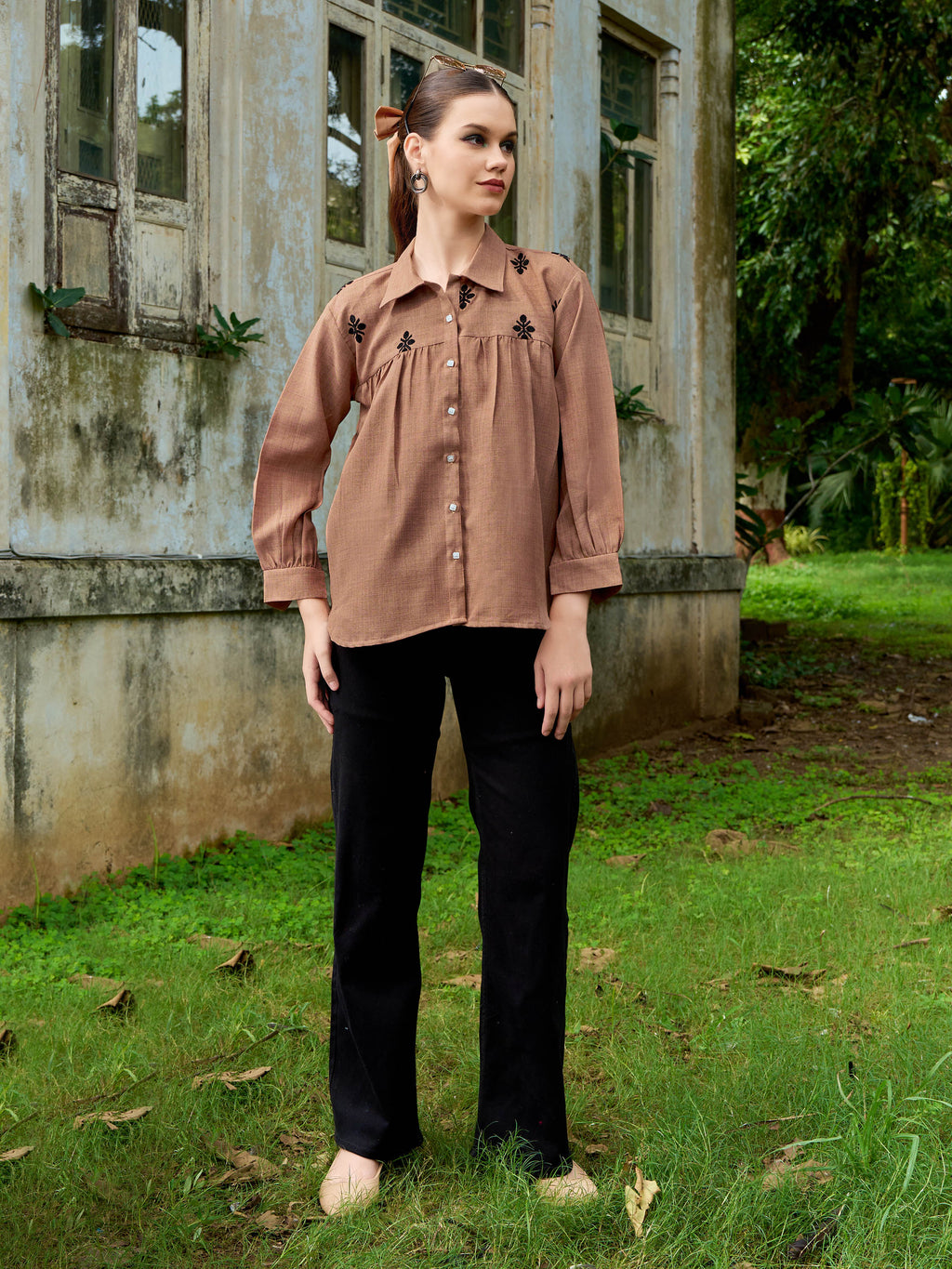 Women Shirt Style Puff Sleeve Shirt Collar Gathers Round Top