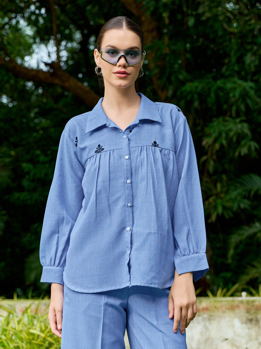 Women Shirt Style Puff Sleeve Shirt Collar Gathers Round Top