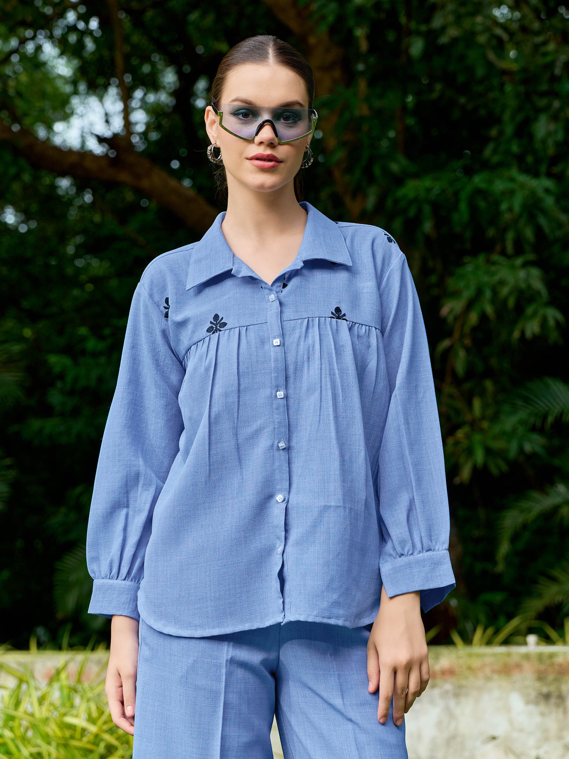 Women Shirt Style Puff Sleeve Shirt Collar Gathers Round Top