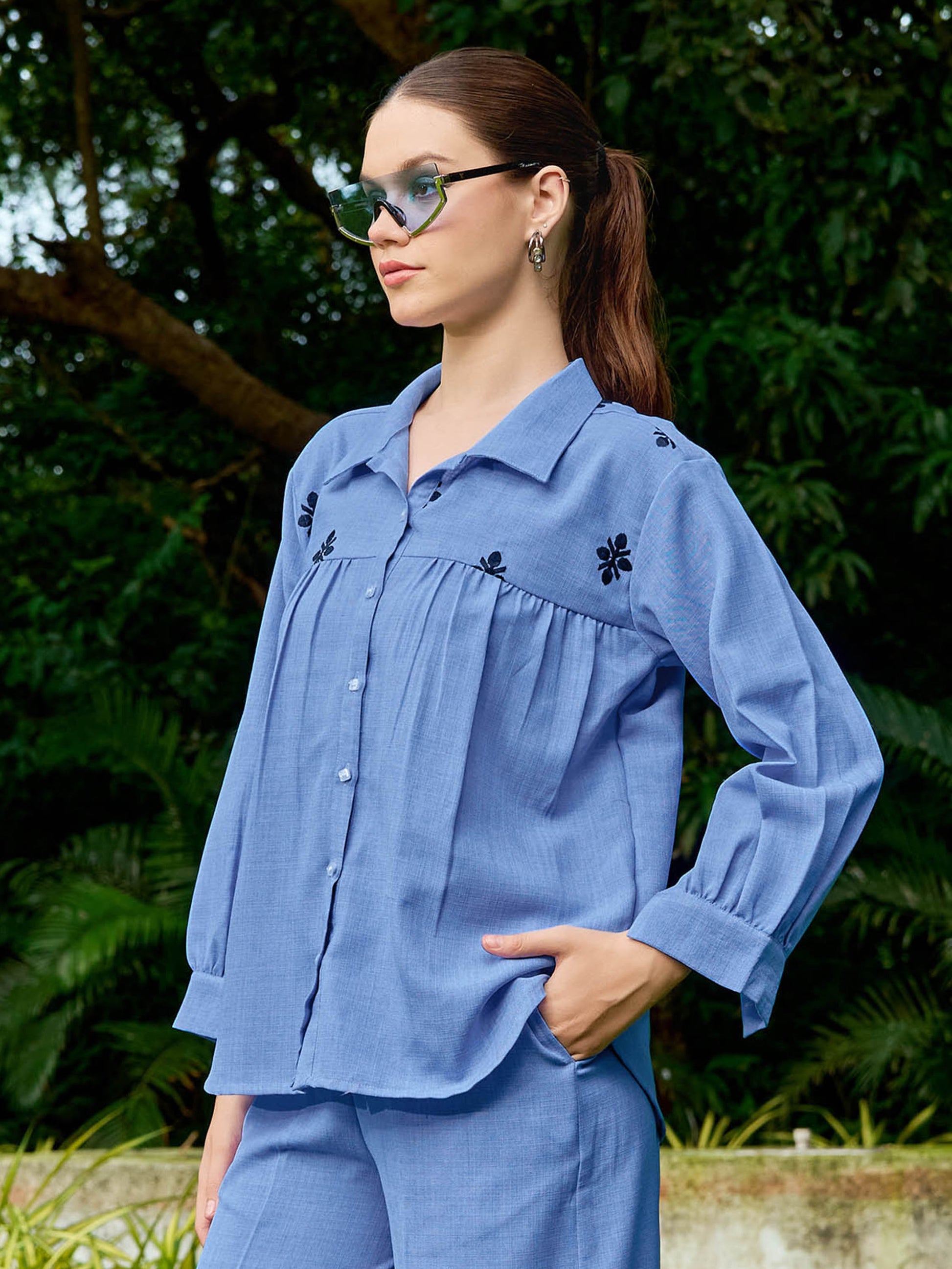 Women Shirt Style Puff Sleeve Shirt Collar Gathers Round Top