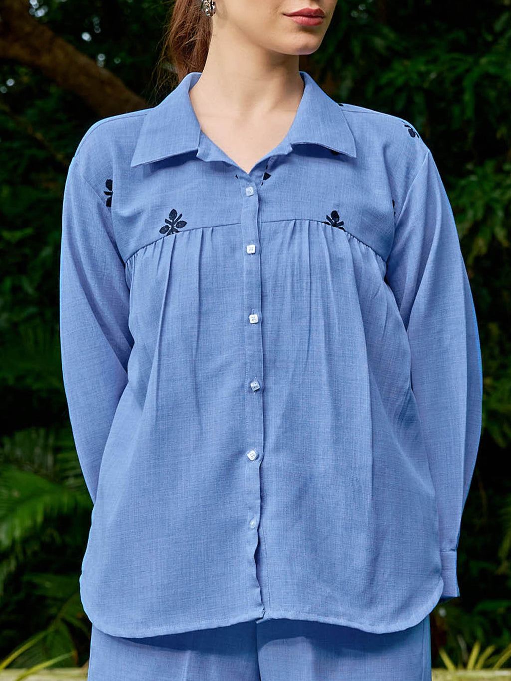Women Shirt Style Puff Sleeve Shirt Collar Gathers Round Top