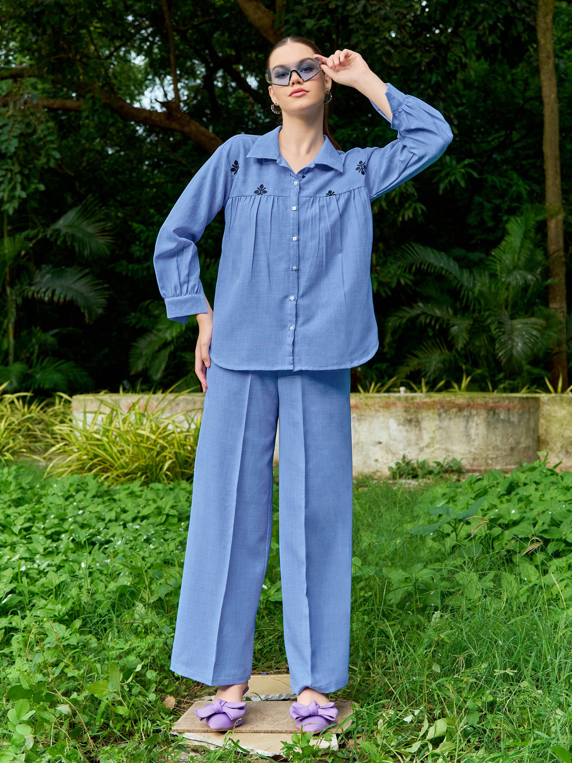 Women Shirt Style Puff Sleeve Shirt Collar Gathers Round Top