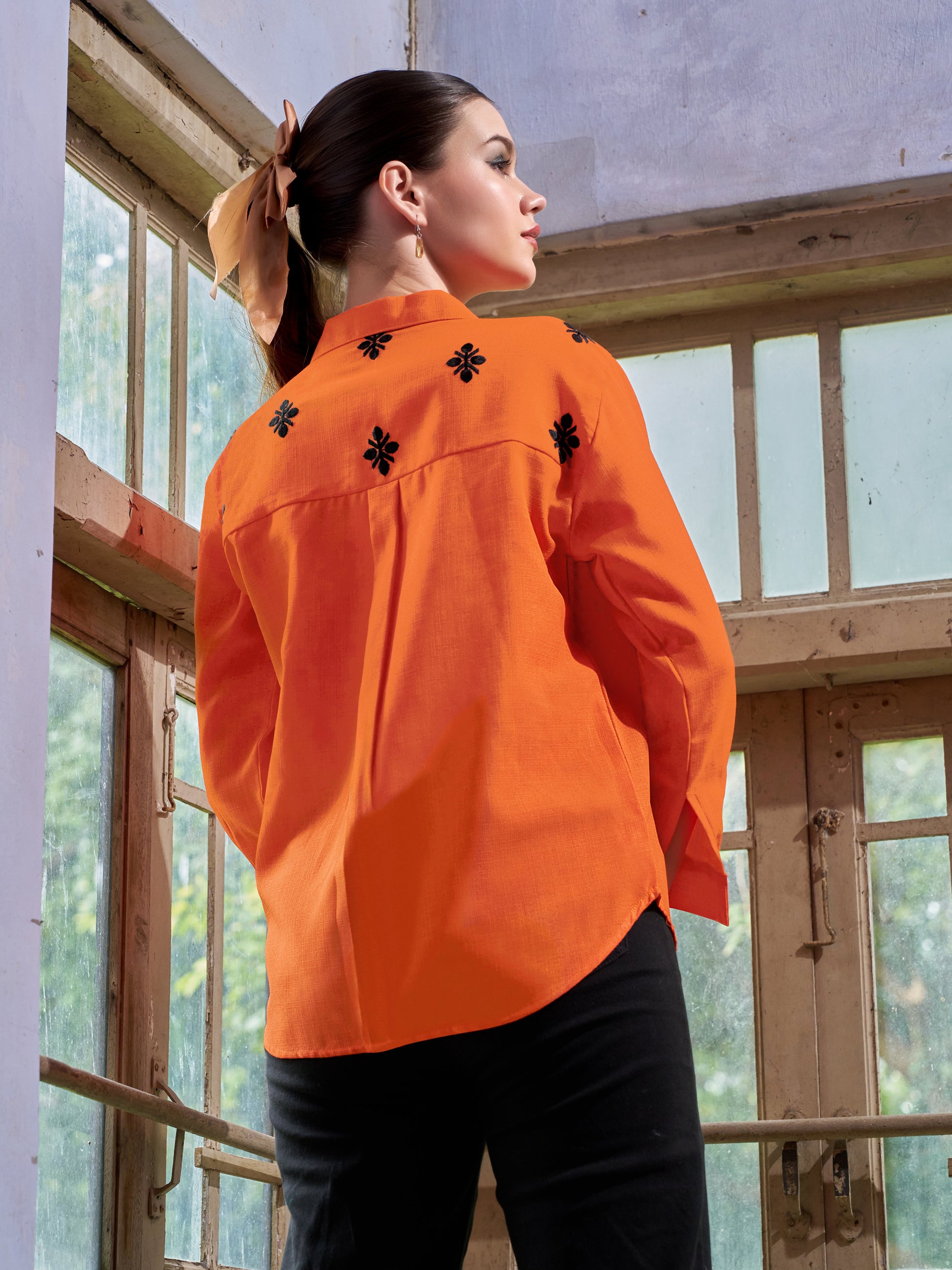 Women Shirt Style Puff Sleeve Shirt Collar Gathers Round Top