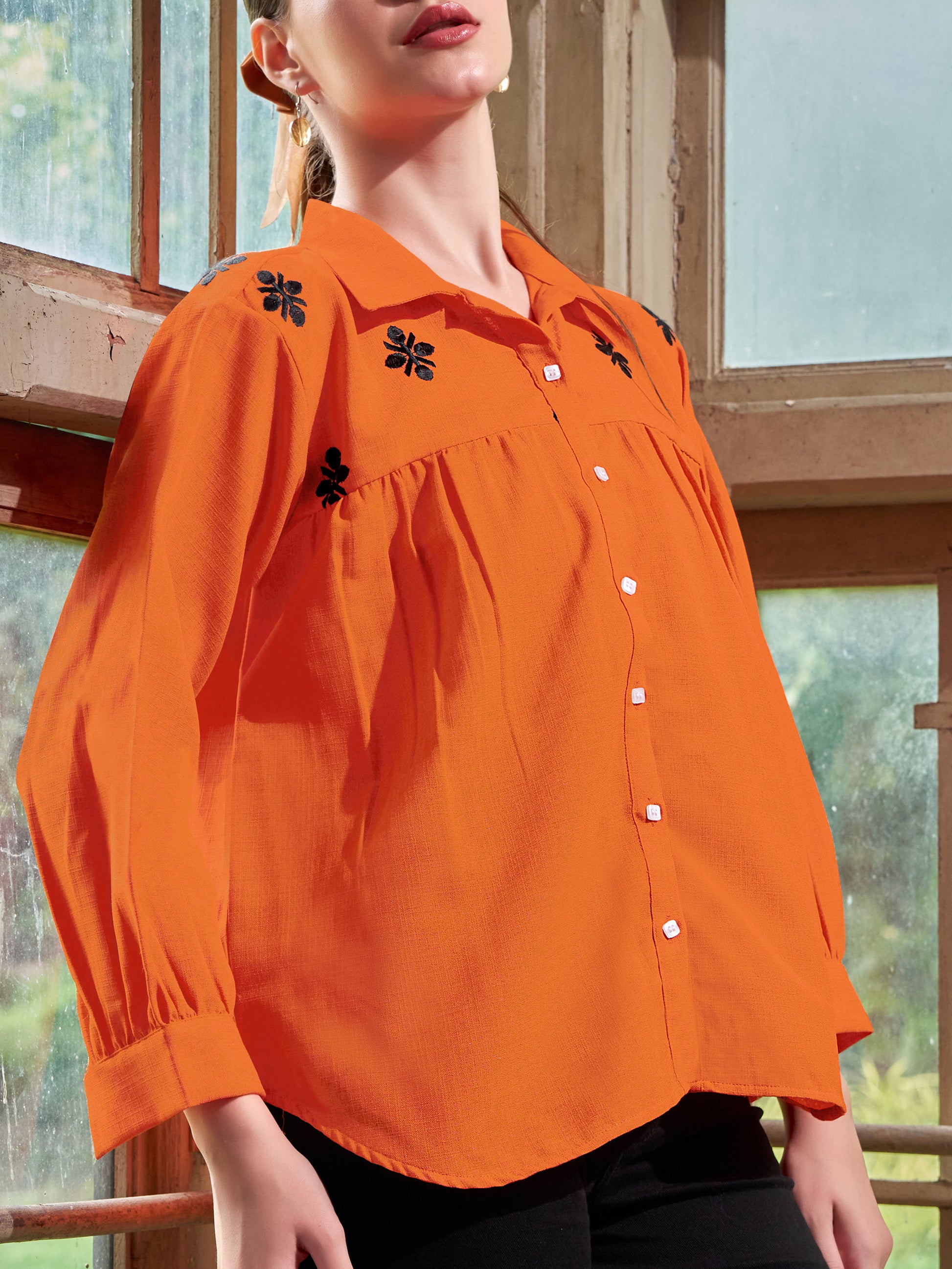 Women Shirt Style Puff Sleeve Shirt Collar Gathers Round Top