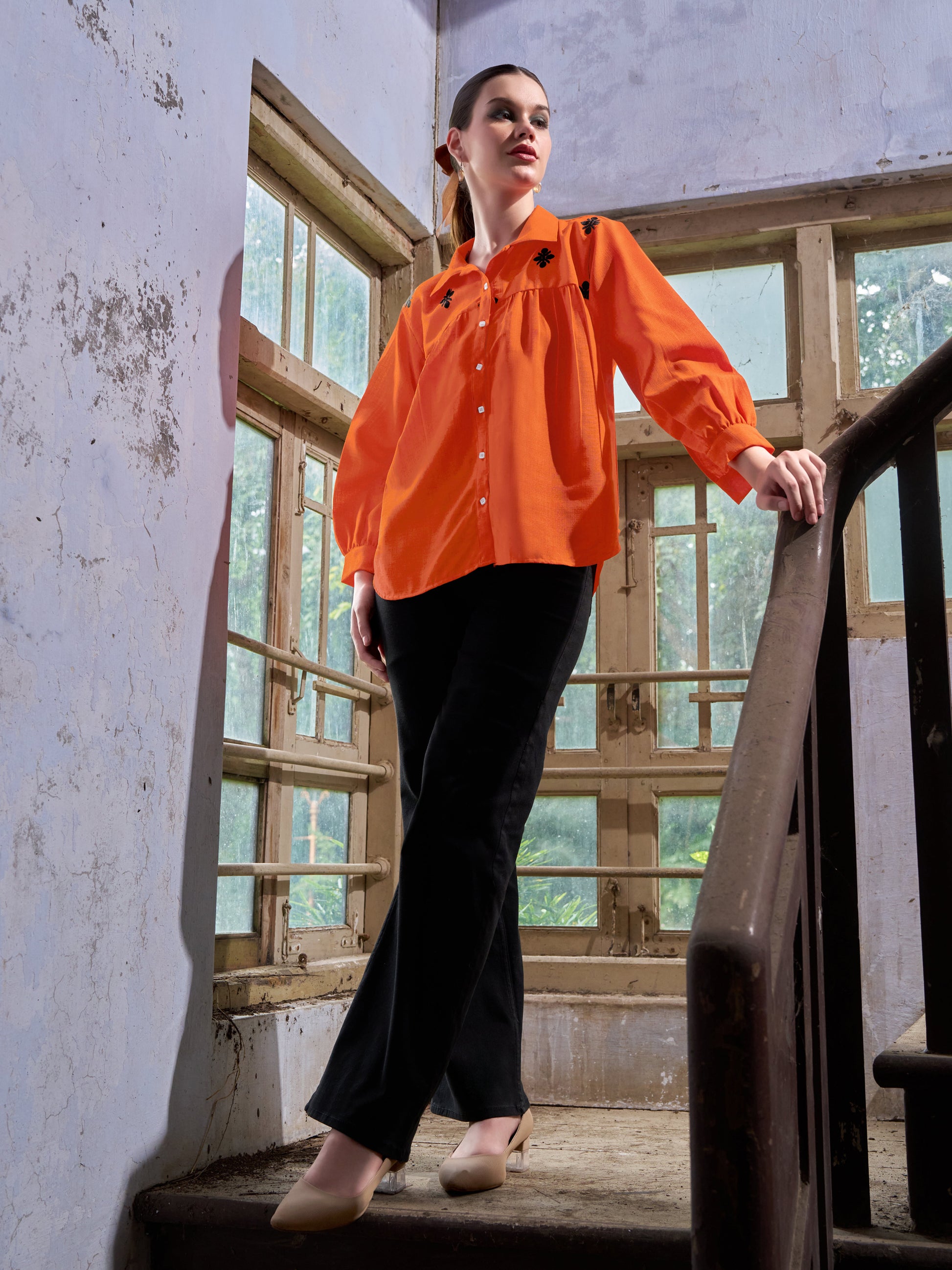 Women Shirt Style Puff Sleeve Shirt Collar Gathers Round Top