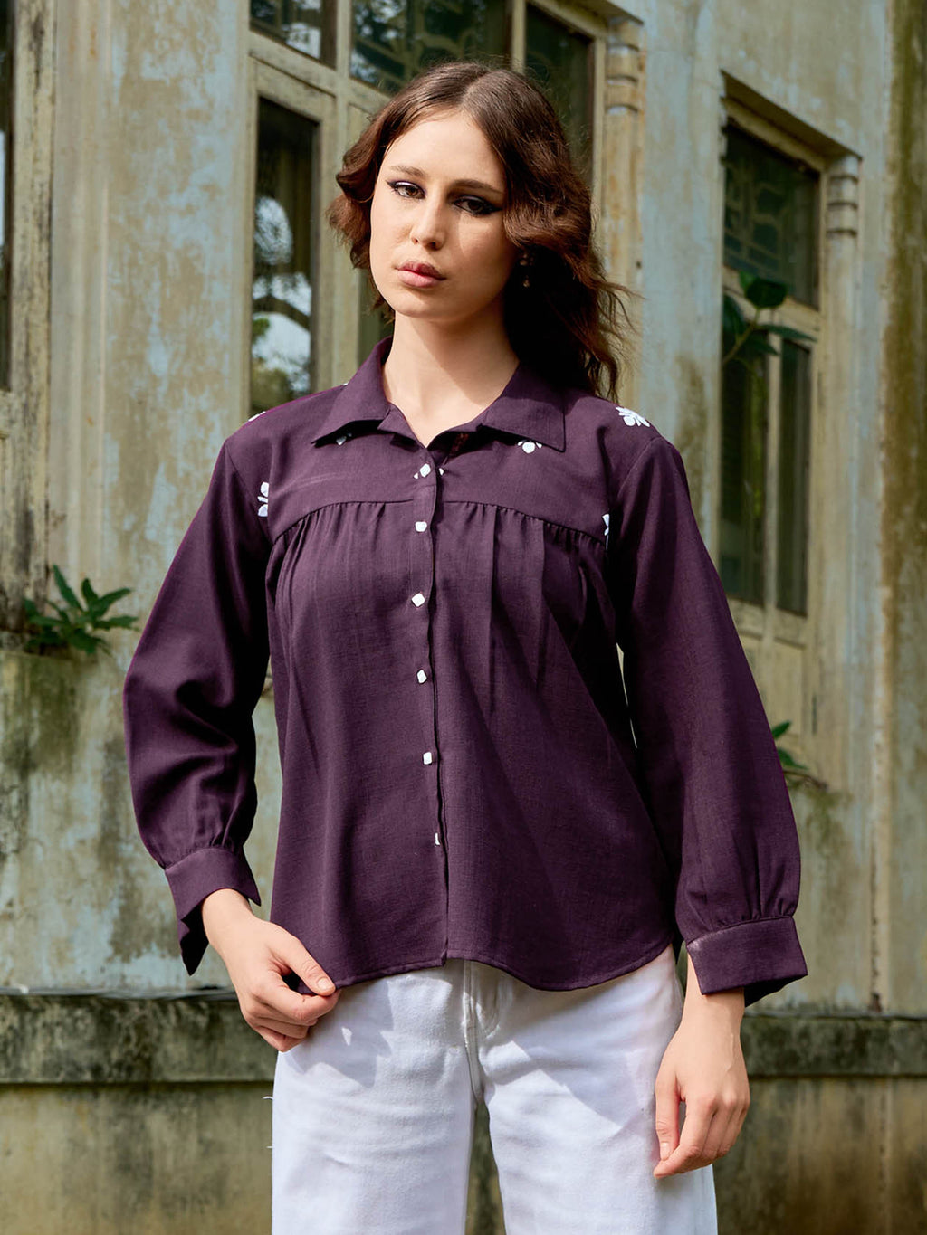 Women Shirt Style Puff Sleeve Shirt Collar Gathers Round Top