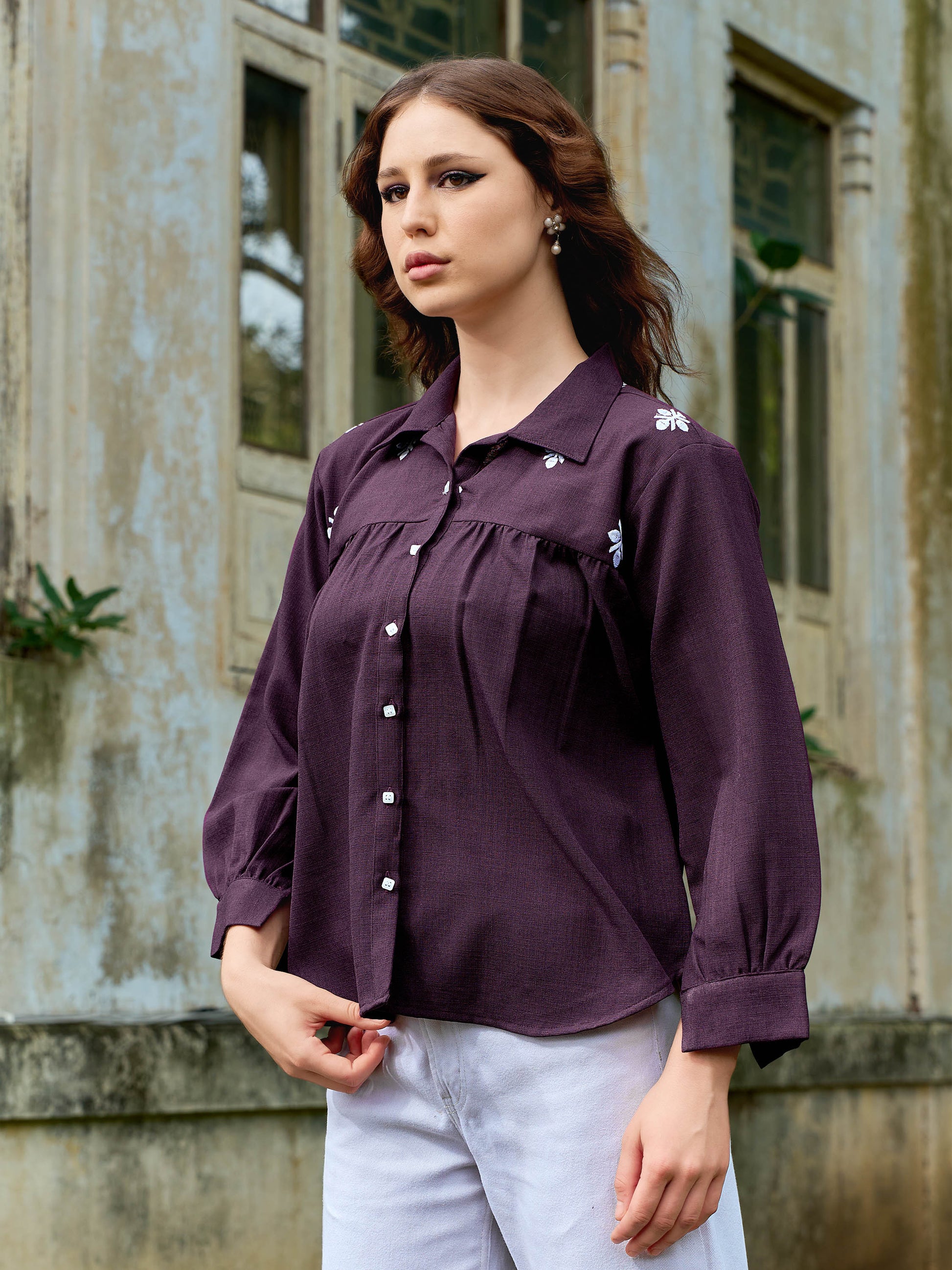 Women Shirt Style Puff Sleeve Shirt Collar Gathers Round Top