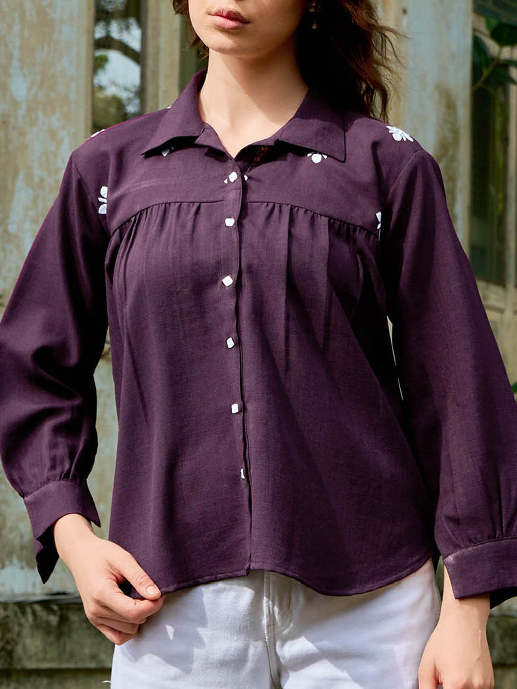 Women Shirt Style Puff Sleeve Shirt Collar Gathers Round Top