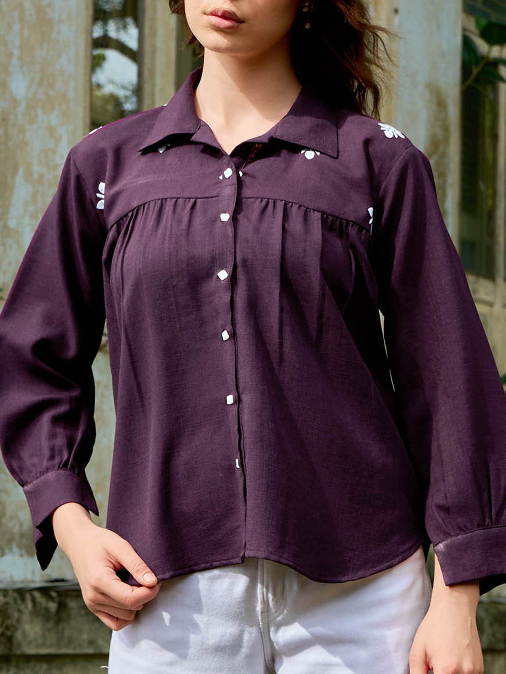 Women Shirt Style Puff Sleeve Shirt Collar Gathers Round Top