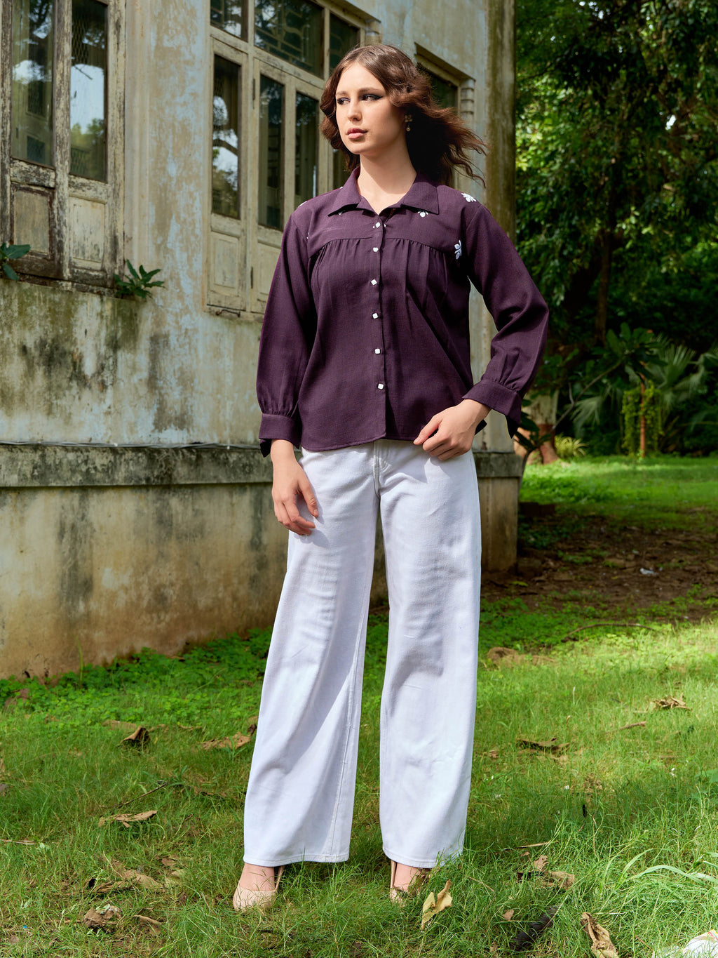 Women Shirt Style Puff Sleeve Shirt Collar Gathers Round Top