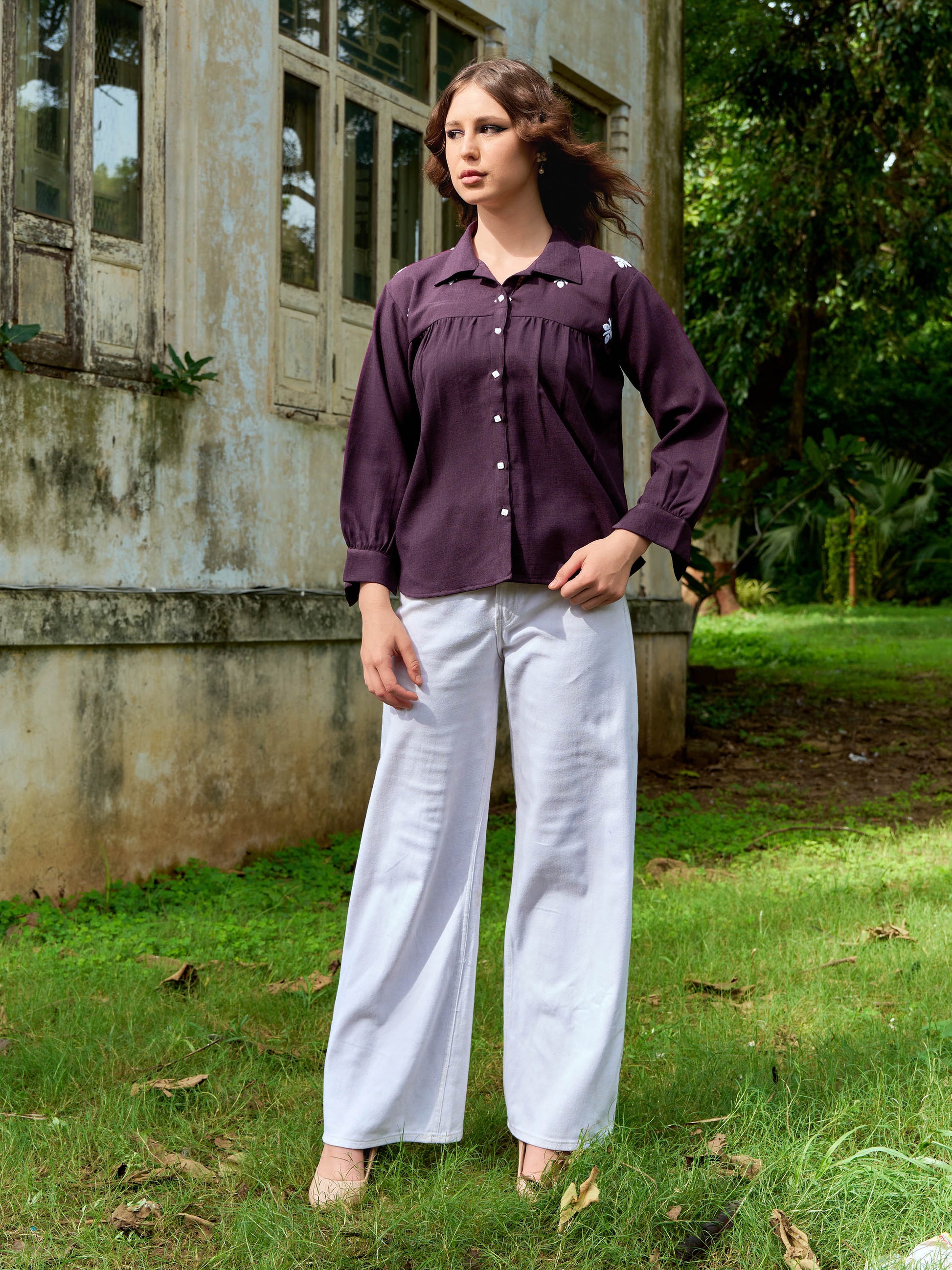 Women Shirt Style Puff Sleeve Shirt Collar Gathers Round Top