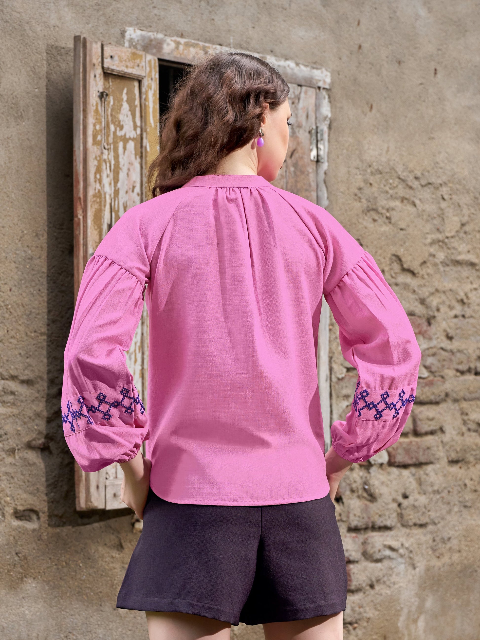 Women Shirt Style Puff Sleeve Banded Collar Gathers Round Solid Top