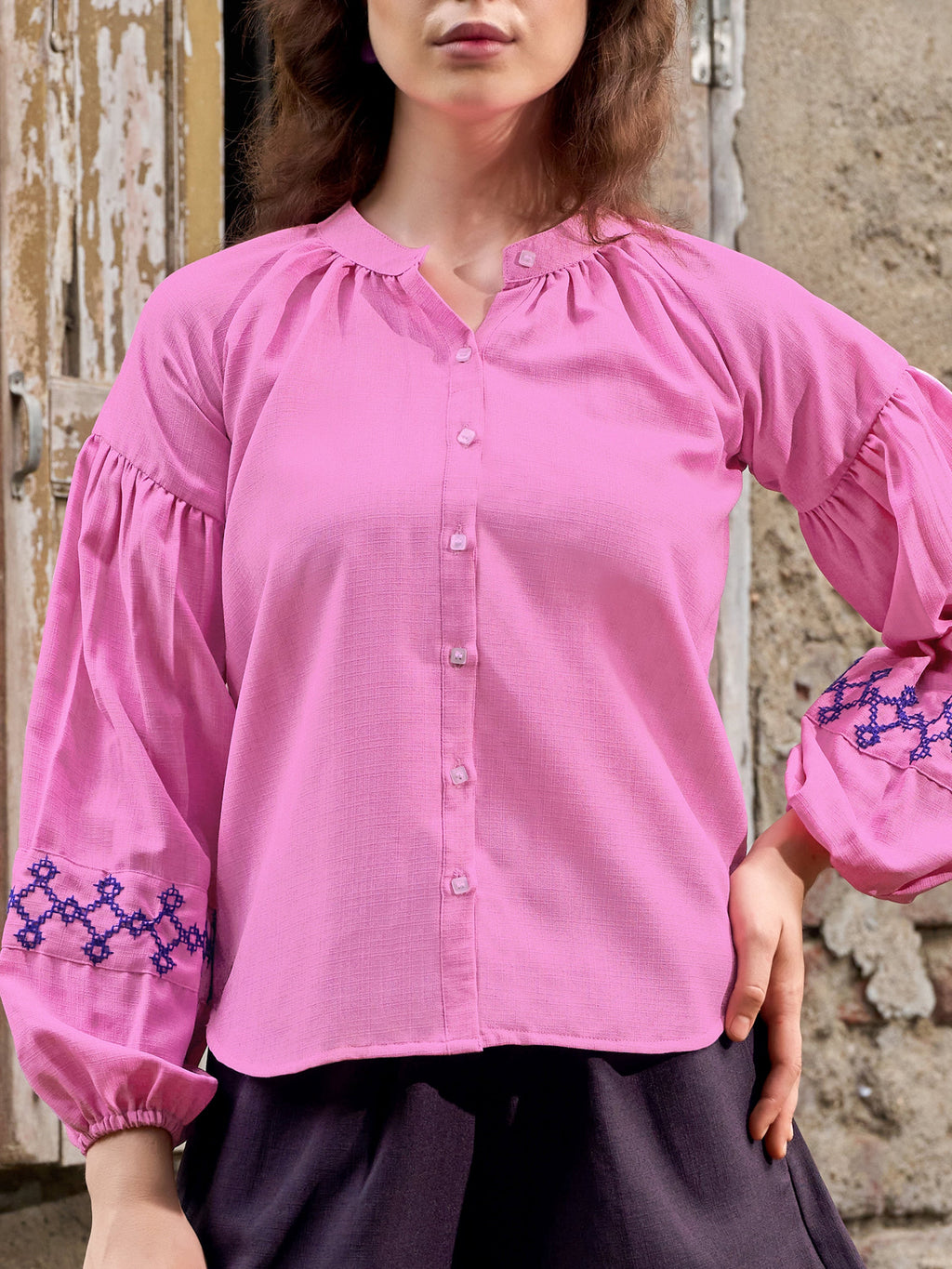 Women Shirt Style Puff Sleeve Banded Collar Gathers Round Solid Top