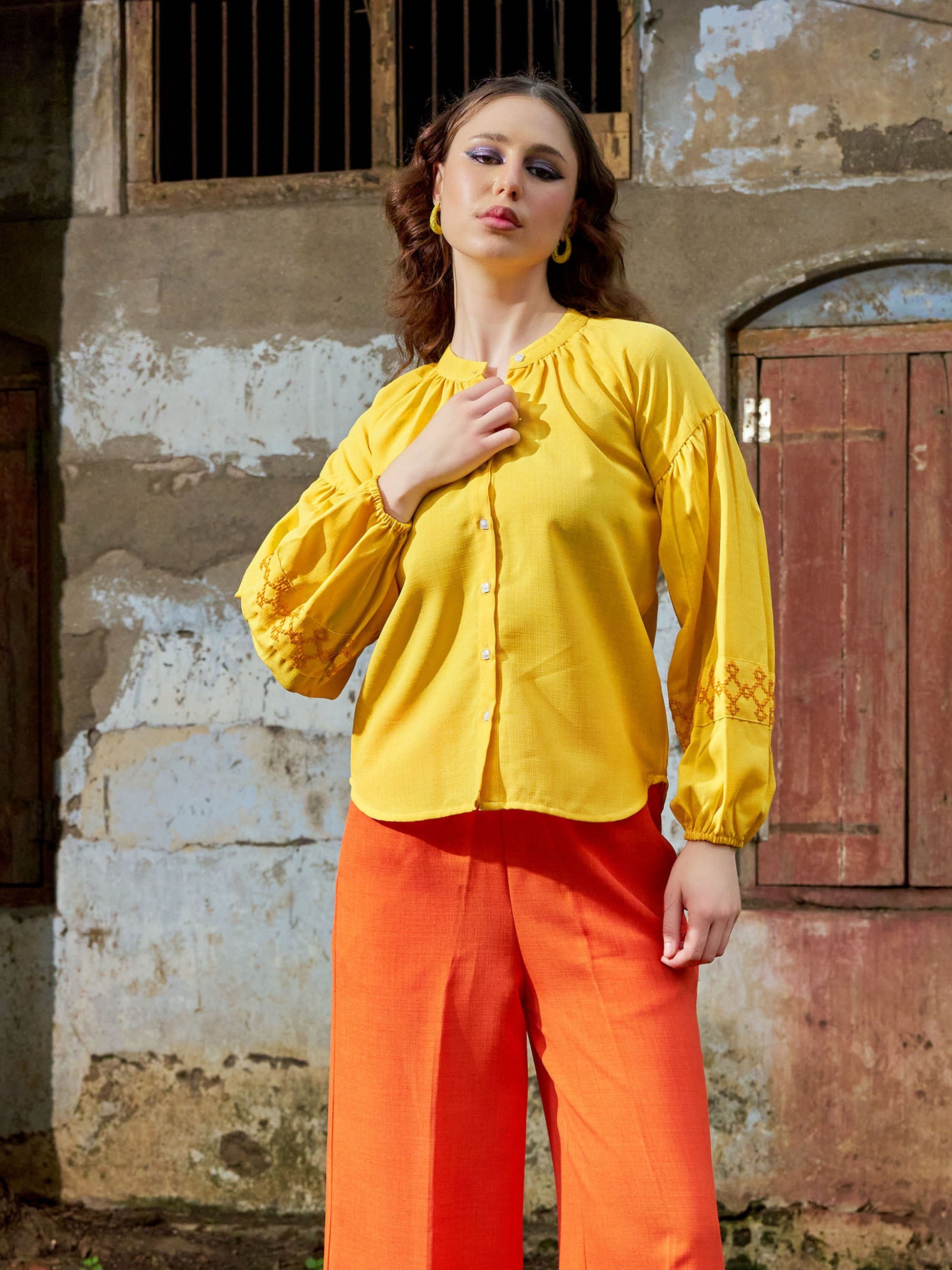 Women Shirt Style Puff Sleeve Banded Collar Gathers Round Solid Shirt