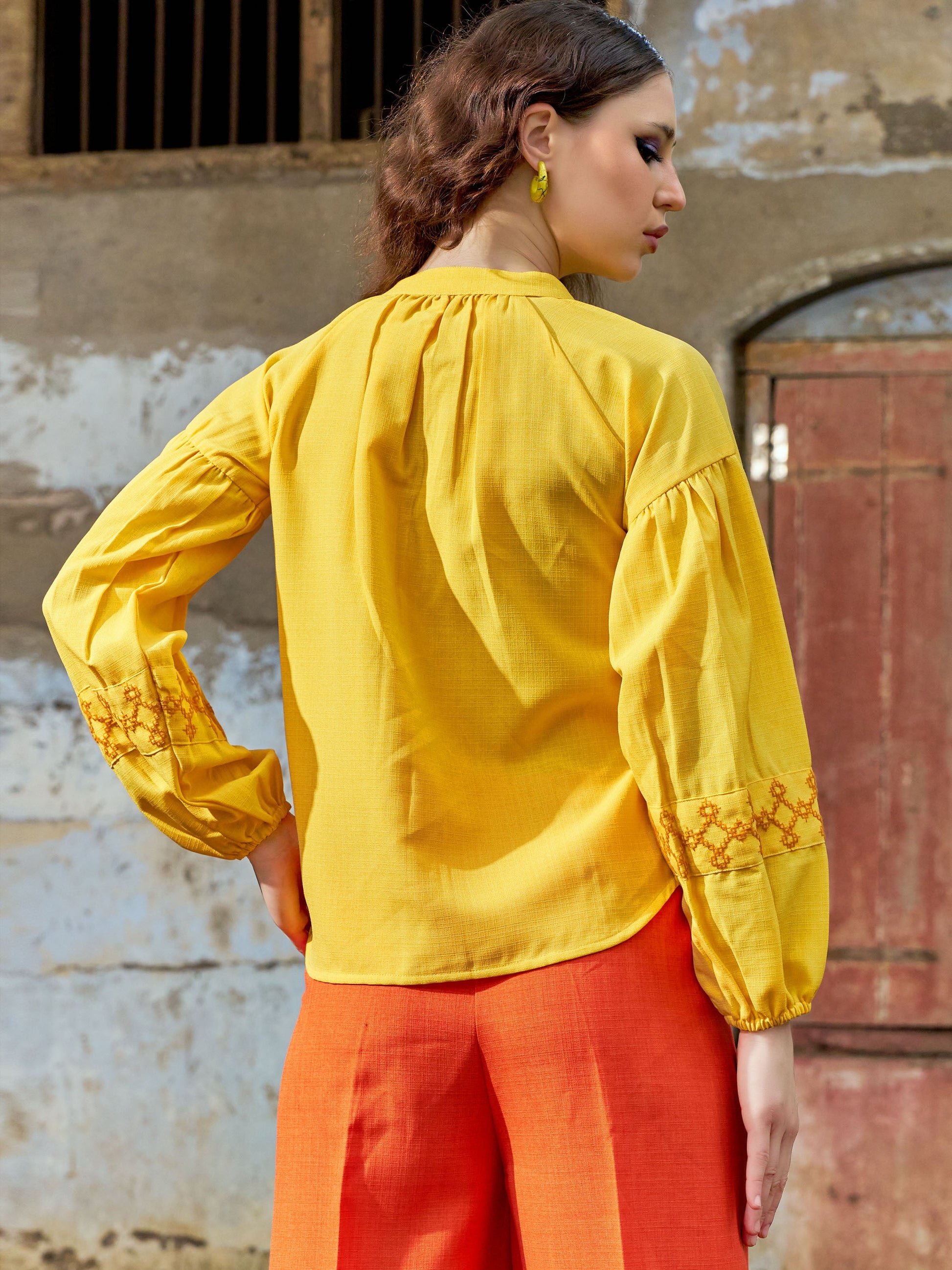 Women Shirt Style Puff Sleeve Banded Collar Gathers Round Solid Shirt