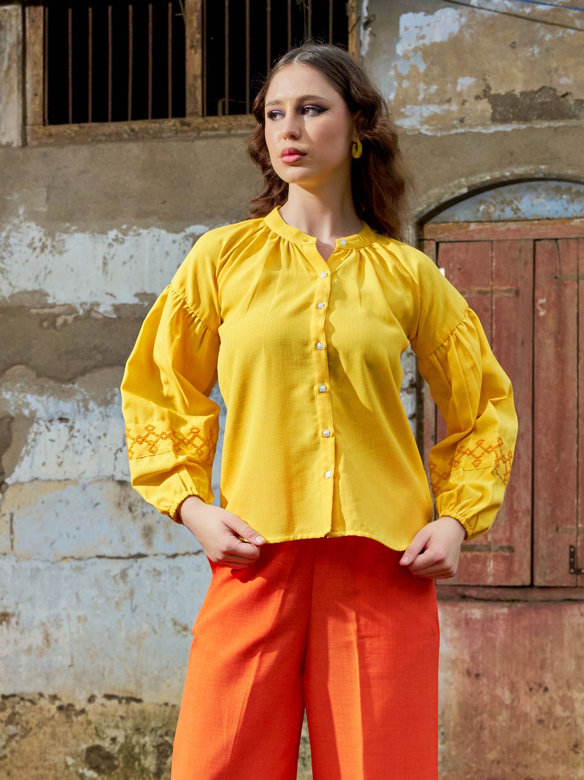 Women Shirt Style Puff Sleeve Banded Collar Gathers Round Solid Shirt